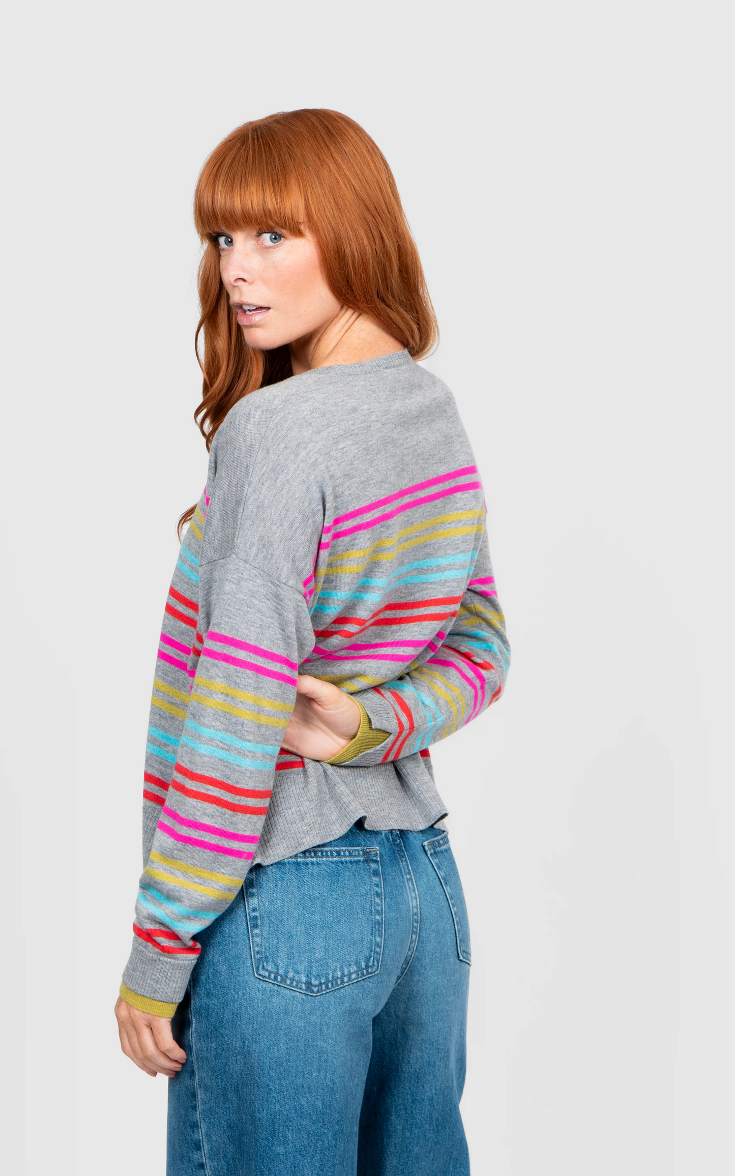 Bridge & Lord Multi Stripe Relaxed Pullover - Mid Grey Stripe