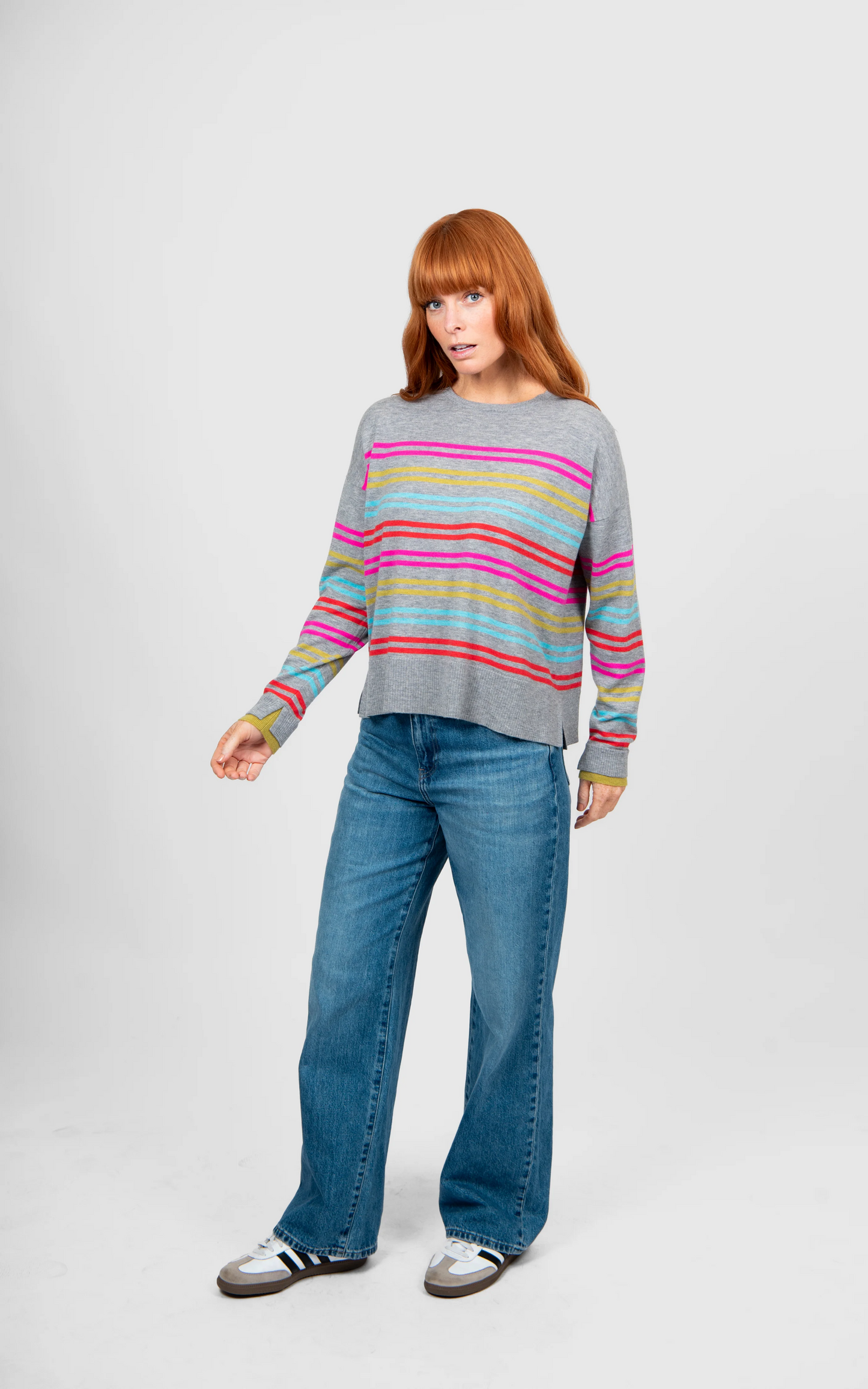 Bridge & Lord Multi Stripe Relaxed Pullover - Mid Grey Stripe