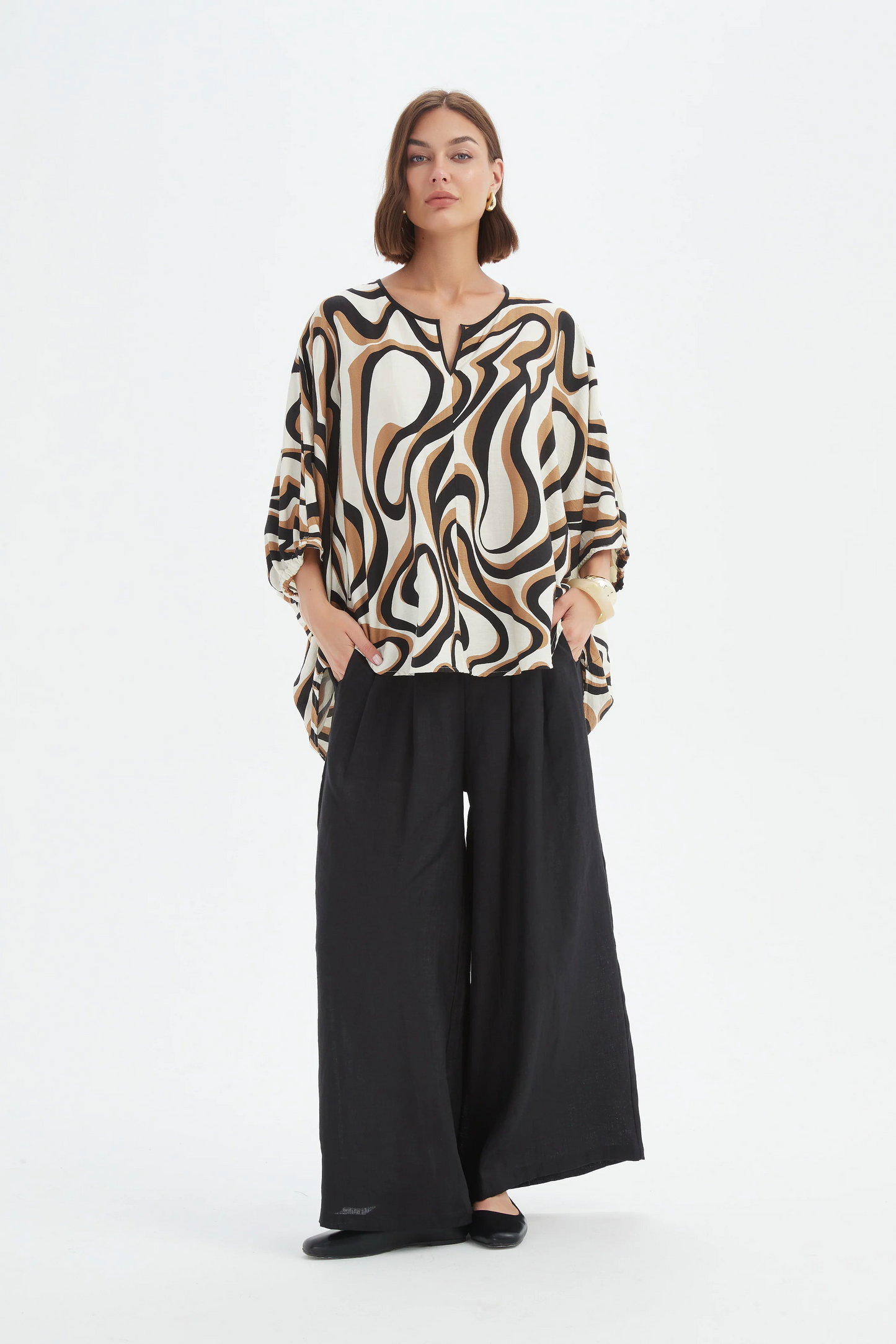 Tirelli Notch Neck Print Top - Caramel Swirl Print