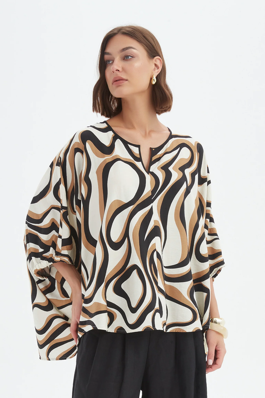 Tirelli Notch Neck Print Top - Caramel Swirl Print