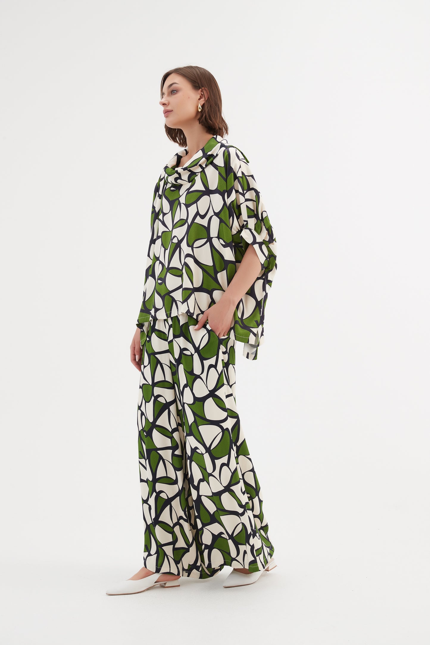 Tirelli Funnel Neck Print Top - Green Oasis Print