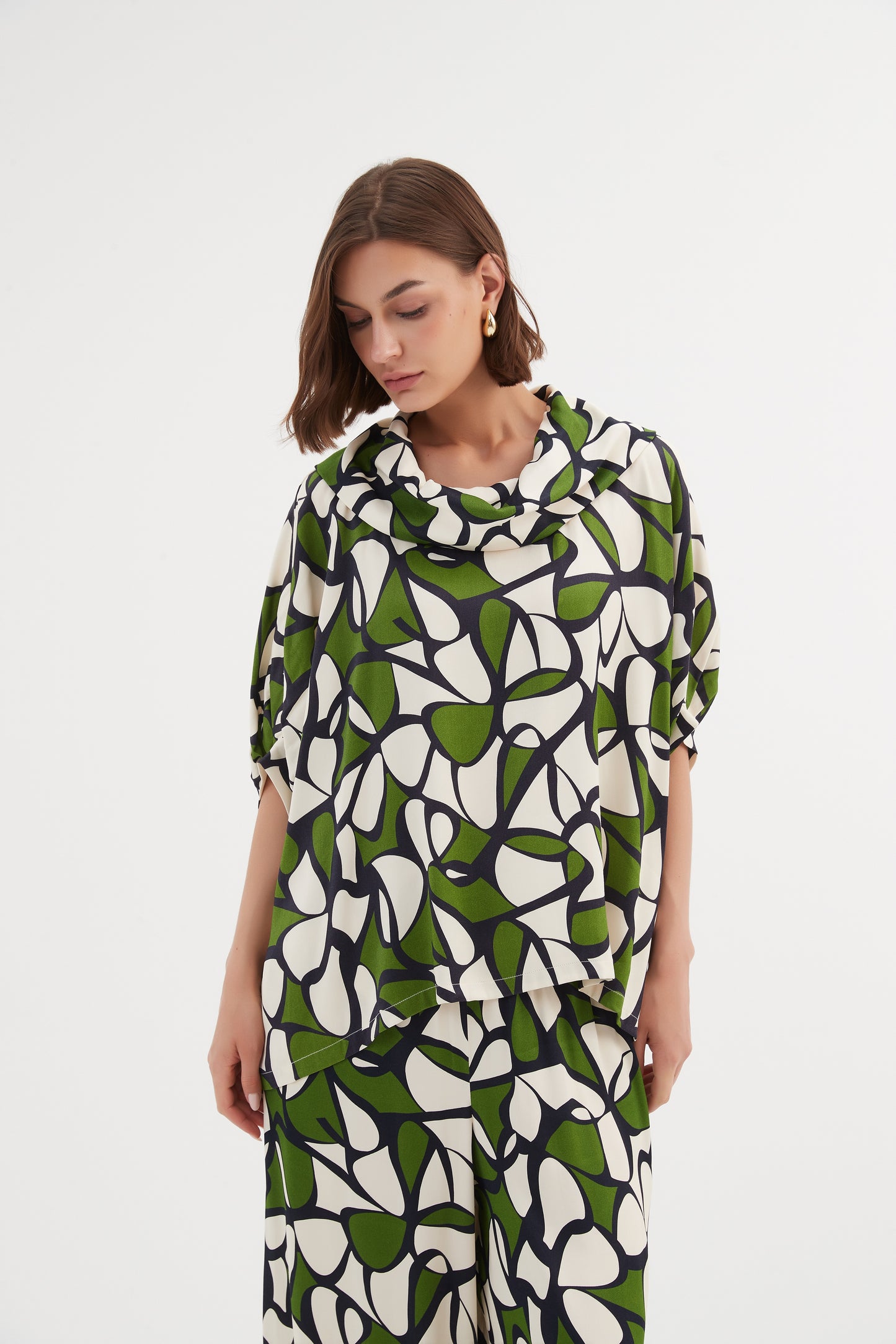 Tirelli Funnel Neck Print Top - Green Oasis Print