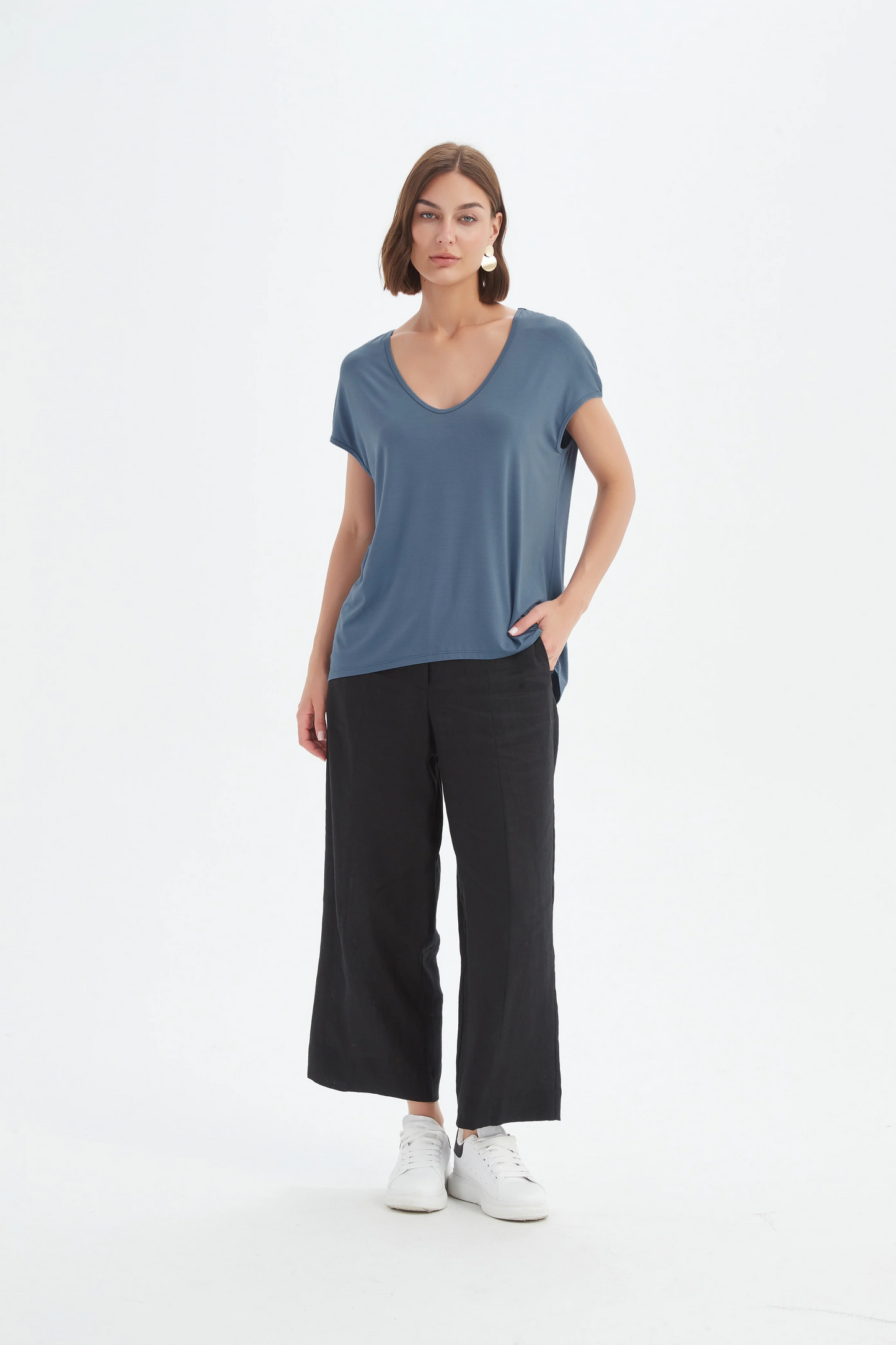 Tirelli Deep V Cap Sleeve Tee - Gunmetal Blue