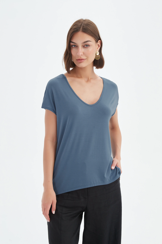 Tirelli Deep V Cap Sleeve Tee - Gunmetal Blue