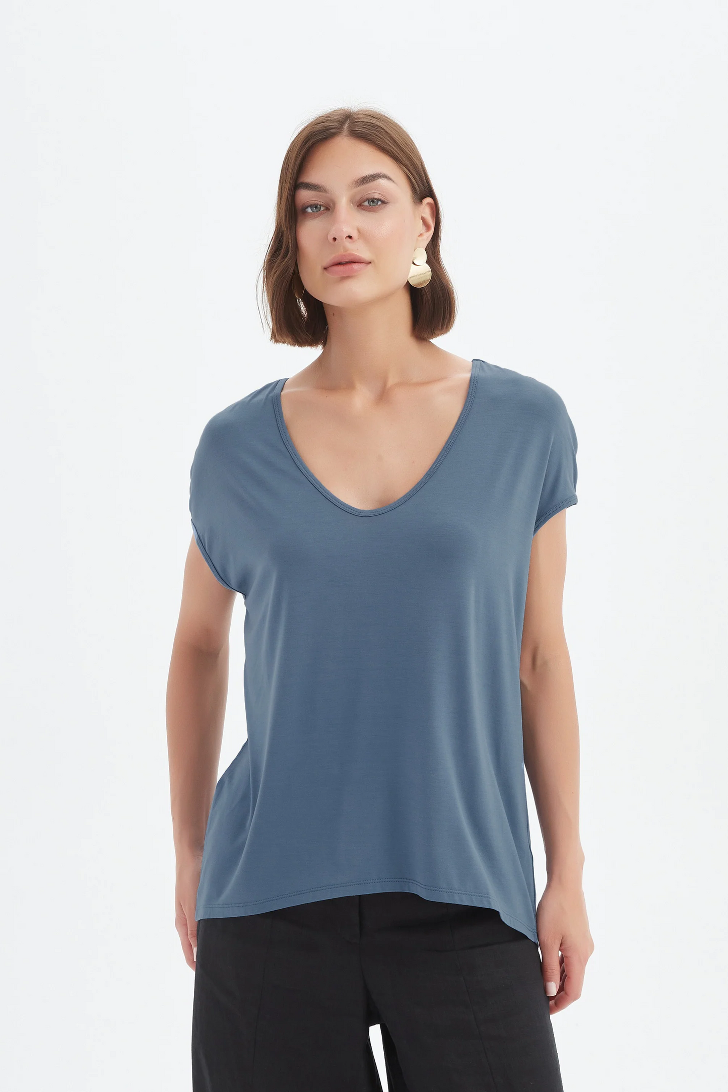 Tirelli Deep V Cap Sleeve Tee - Gunmetal Blue
