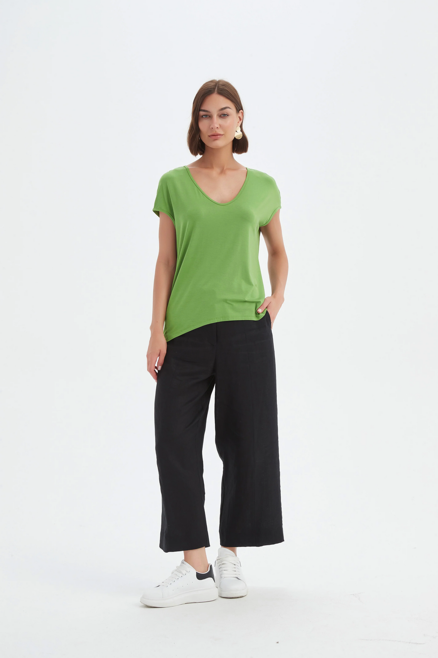 Tirelli Deep V Cap Sleeve Tee - Fern Green