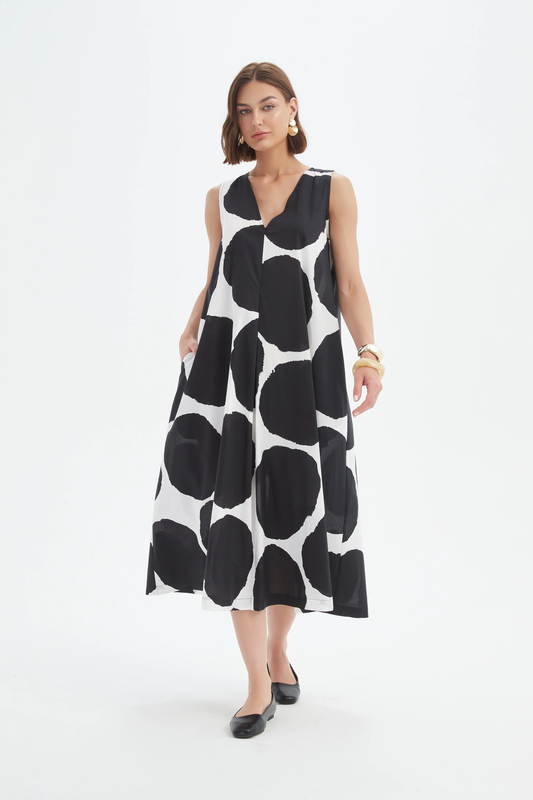 Tirelli Inverted Pleat Poplin Dress - Black/White Spot