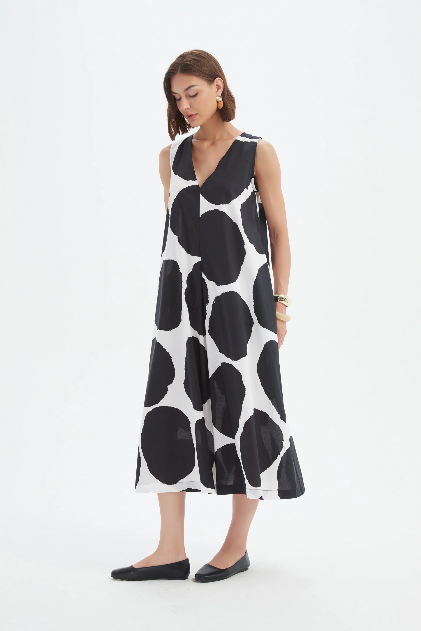Tirelli Inverted Pleat Poplin Dress - Black/White Spot