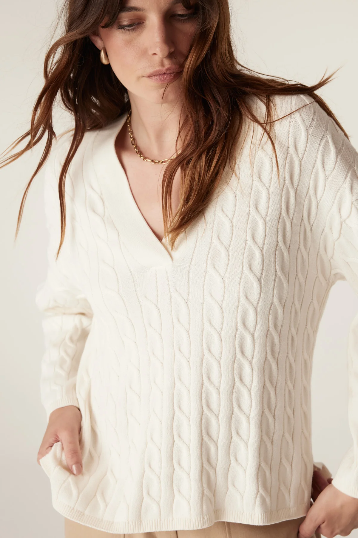 Cable Asher Cotton Jumper - Ivory