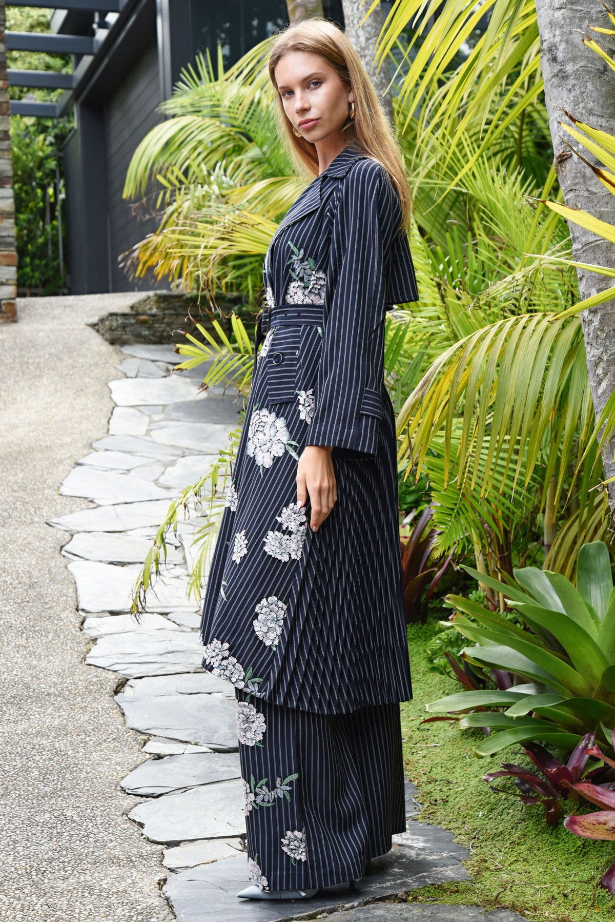 Cooper Pleating Weather Coat - Sequin Pinstripe