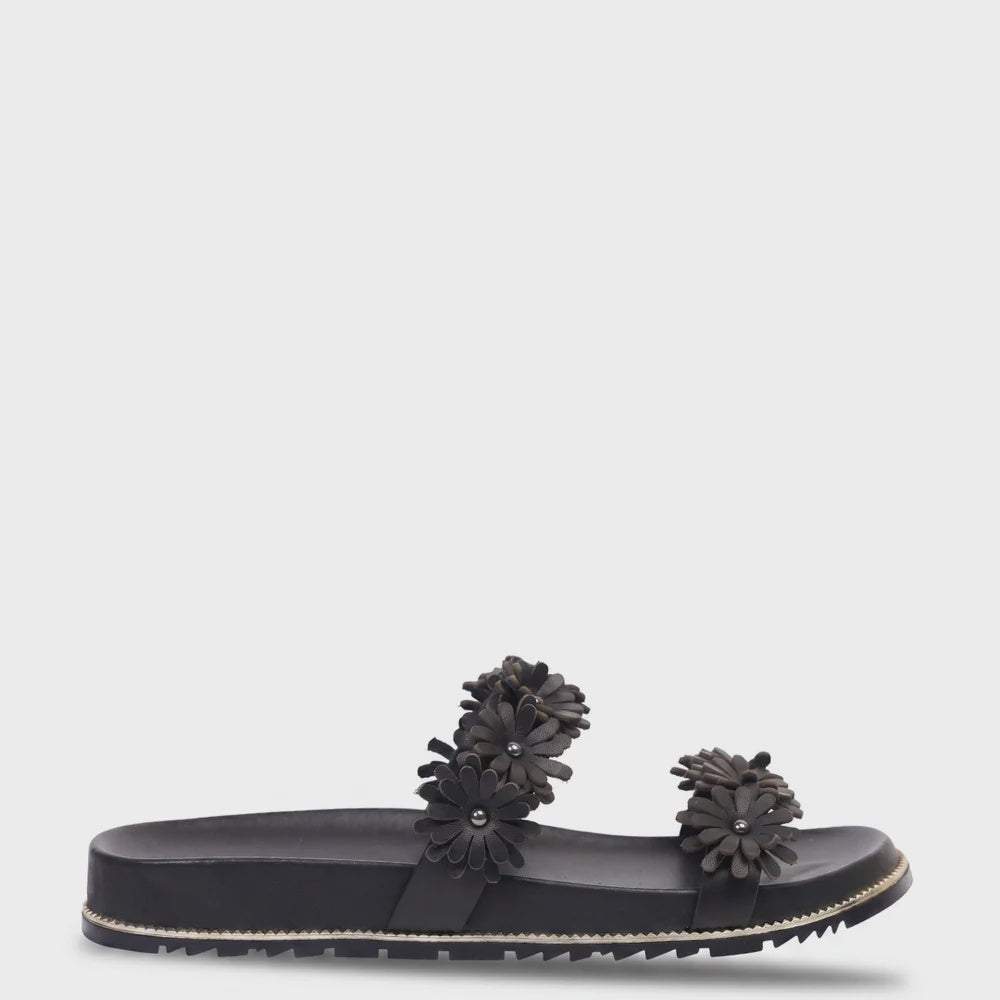 Kathryn Wilson Floral Slide - Black Calf