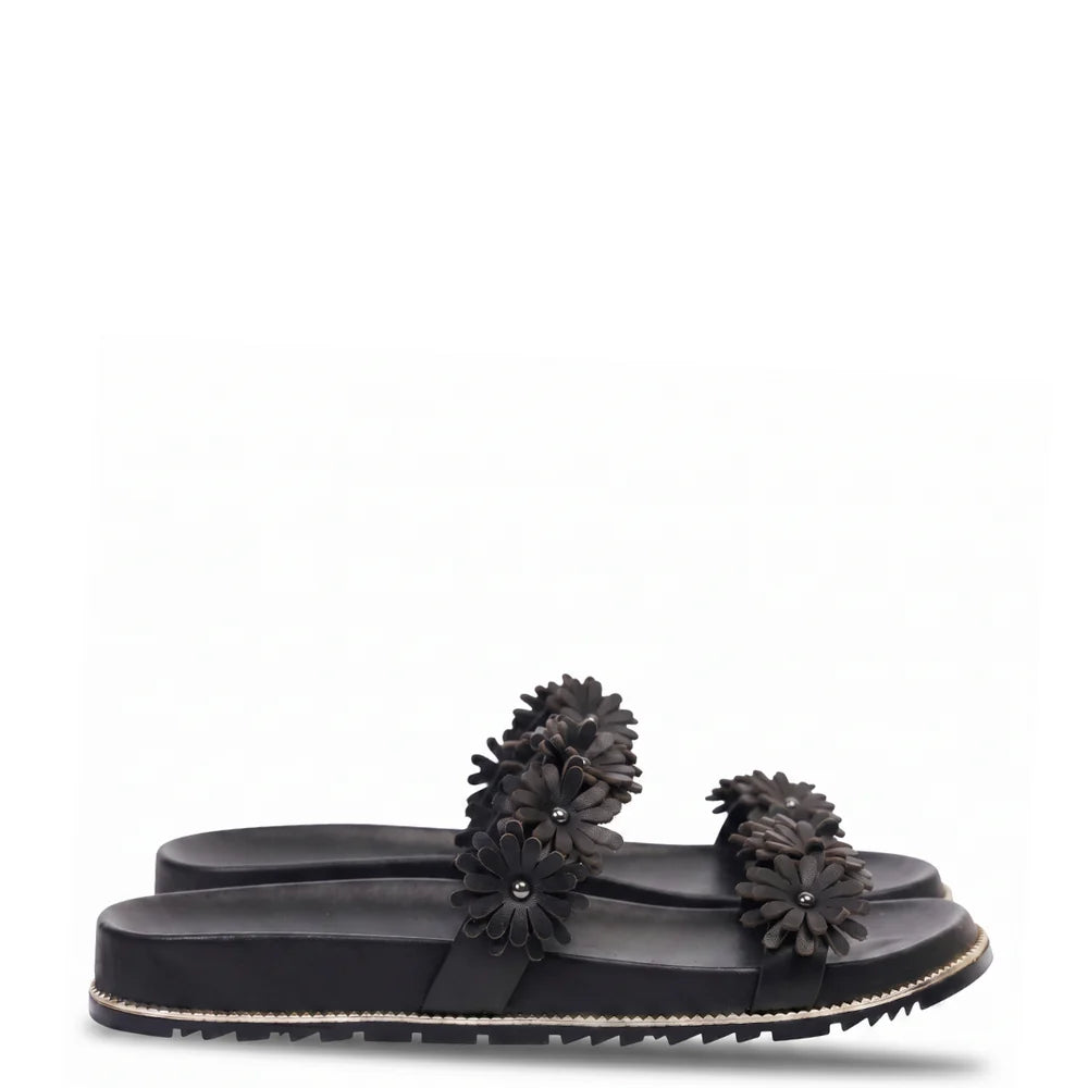 Kathryn Wilson Floral Slide - Black Calf
