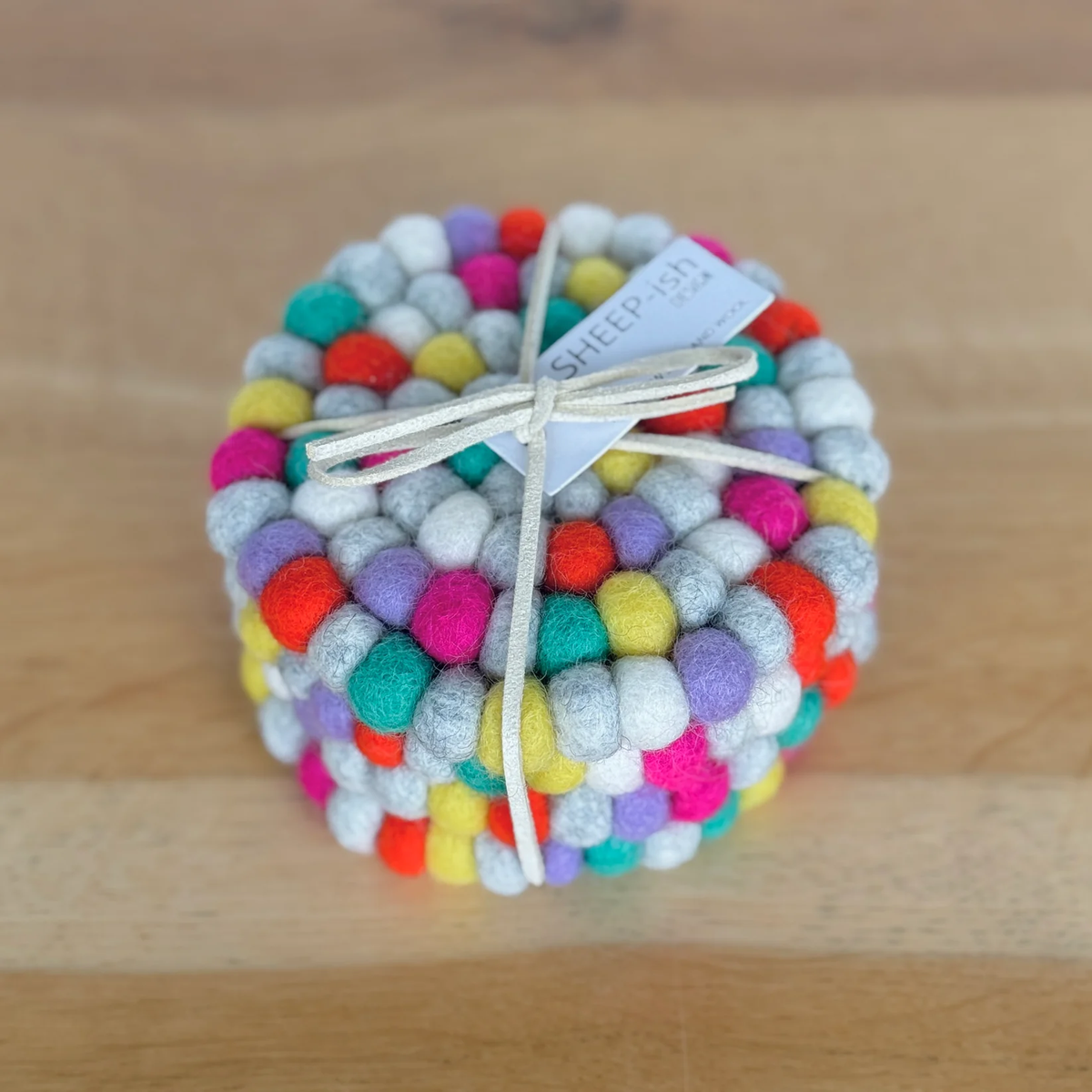 Sheep-ish Felt Ball Coasters Set of 4 - Bright Multi