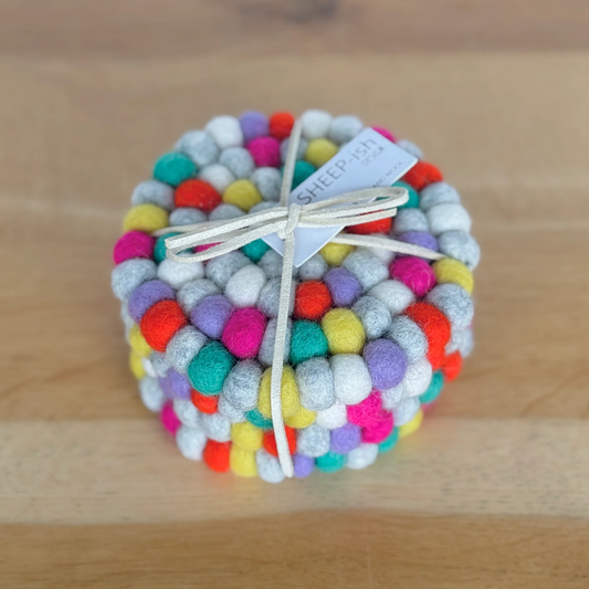 Sheep-ish Felt Ball Coasters Set of 4 - Bright Multi