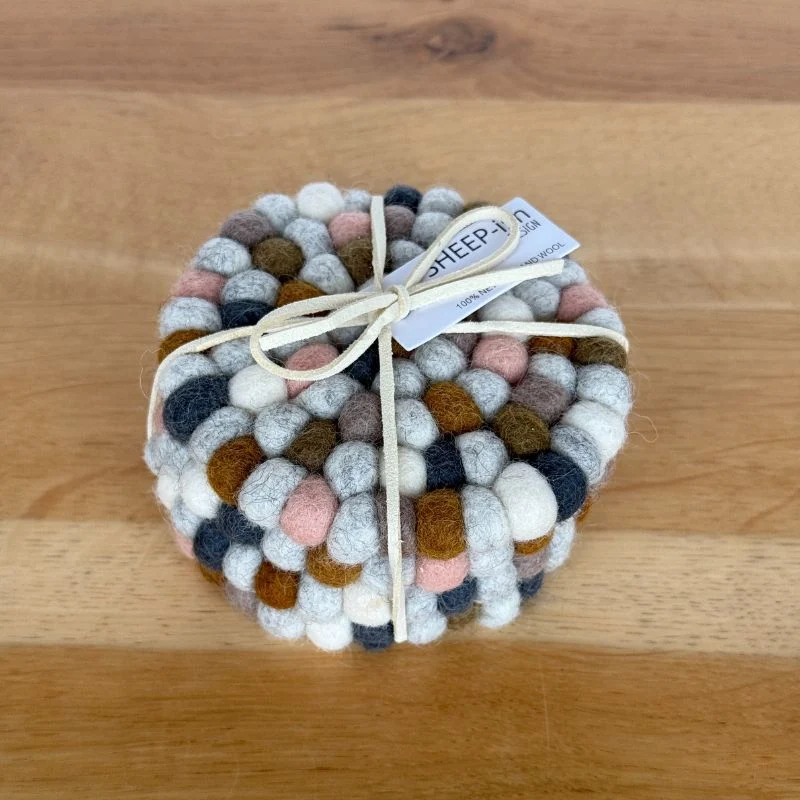 Sheep-ish Felt Ball Coasters Set of 4 - Earthy Multi