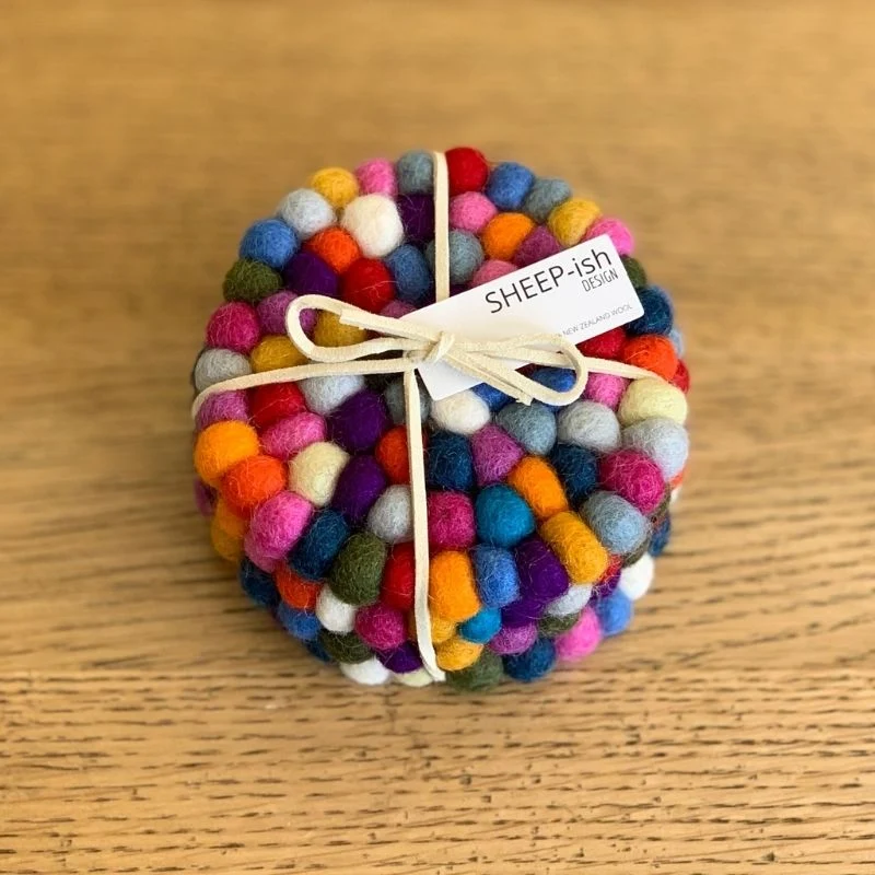 Sheep-ish Felt Ball Coasters Set of 4 - Rainbow