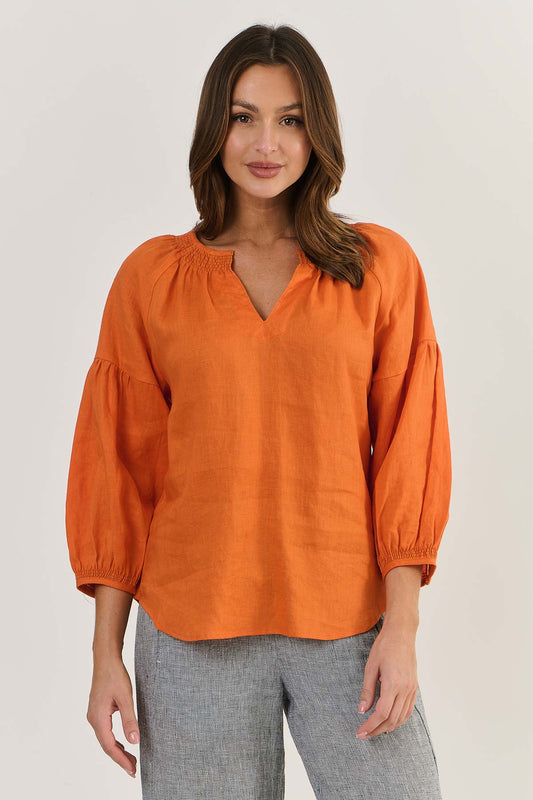 Naturals Linen 3/4 Sleeve Top GA412 - Tamarind