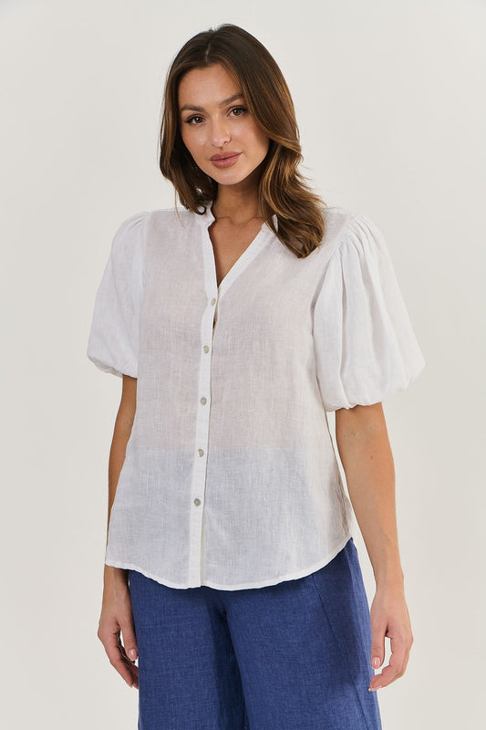 Naturals Linen Puff Sleeve Blouse GA535 - White