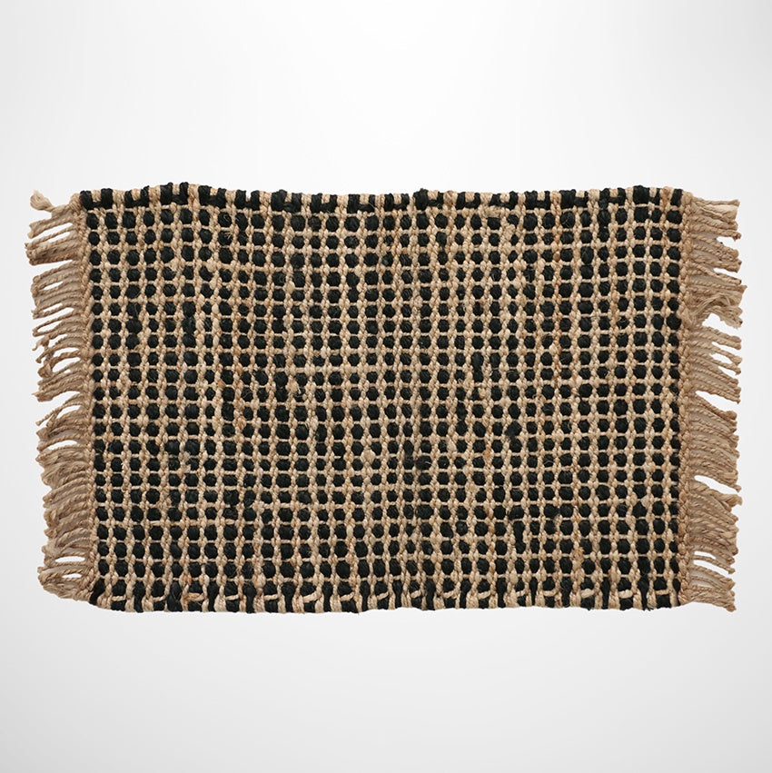 CC Interiors 100% Jute Doormat - Waffle Weave Black & Natural with Fringe