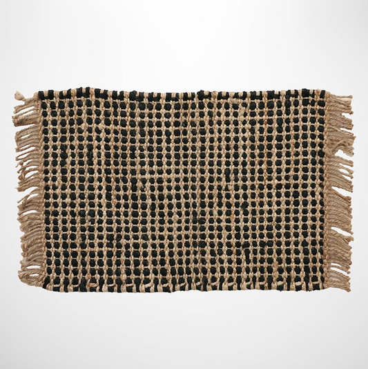 CC Interiors 100% Jute Doormat - Waffle Weave Black & Natural with Fringe
