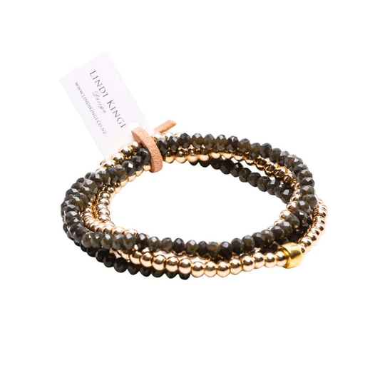 Lindi Kingi Beaded Bracelet Set - Olive Matte/Gold
