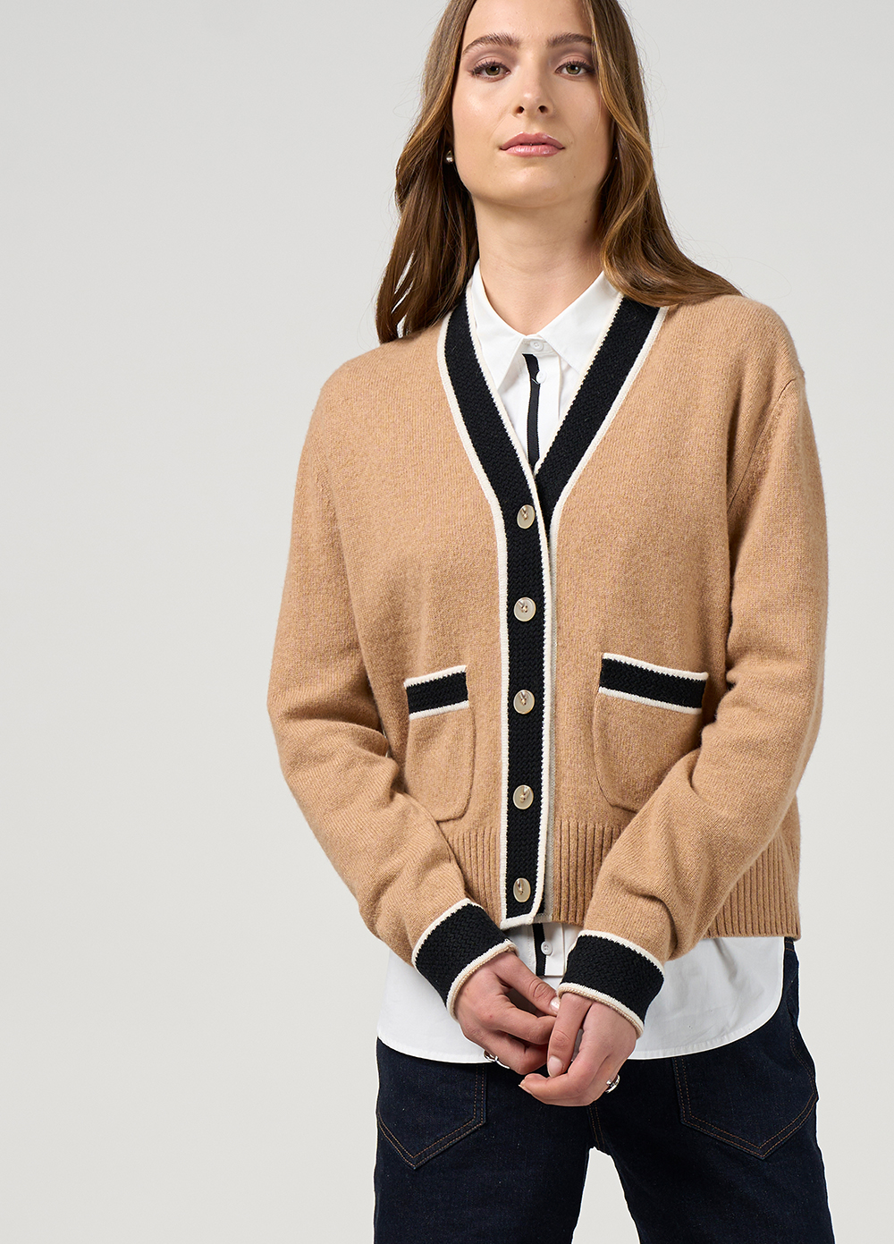 Madly Sweetly College Cardi - Camel/Black