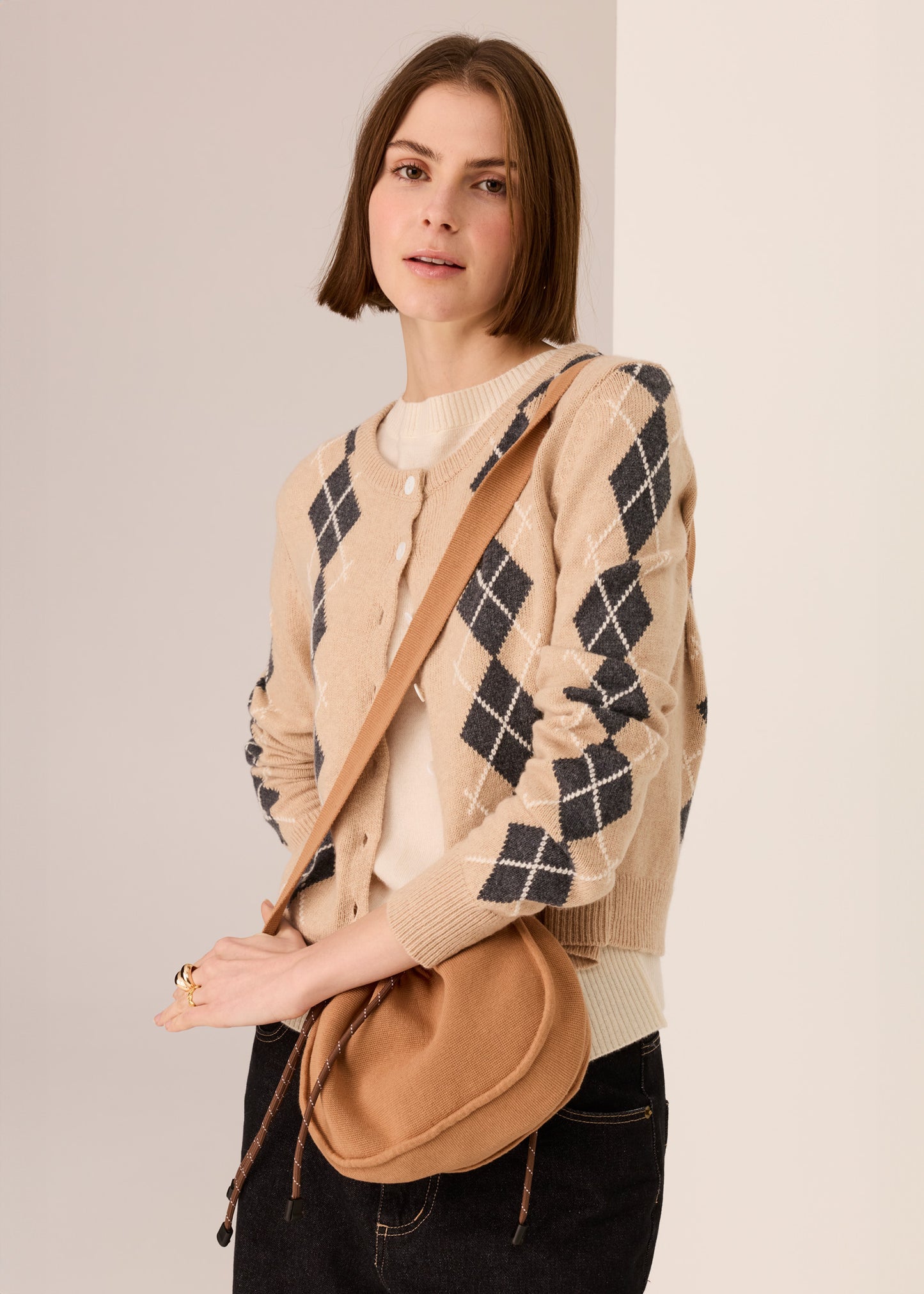 POL Loren Argyle Cardigan - Pebble/Charcoal