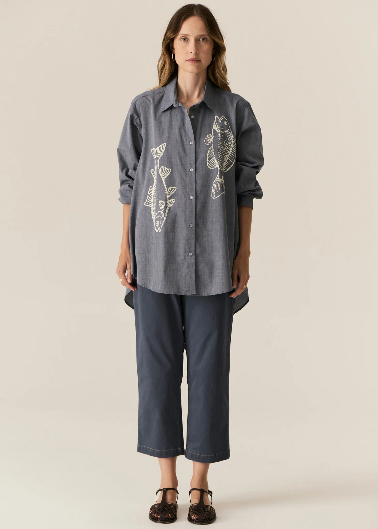 POL Cassis Fish Shirt - Denim Pebble