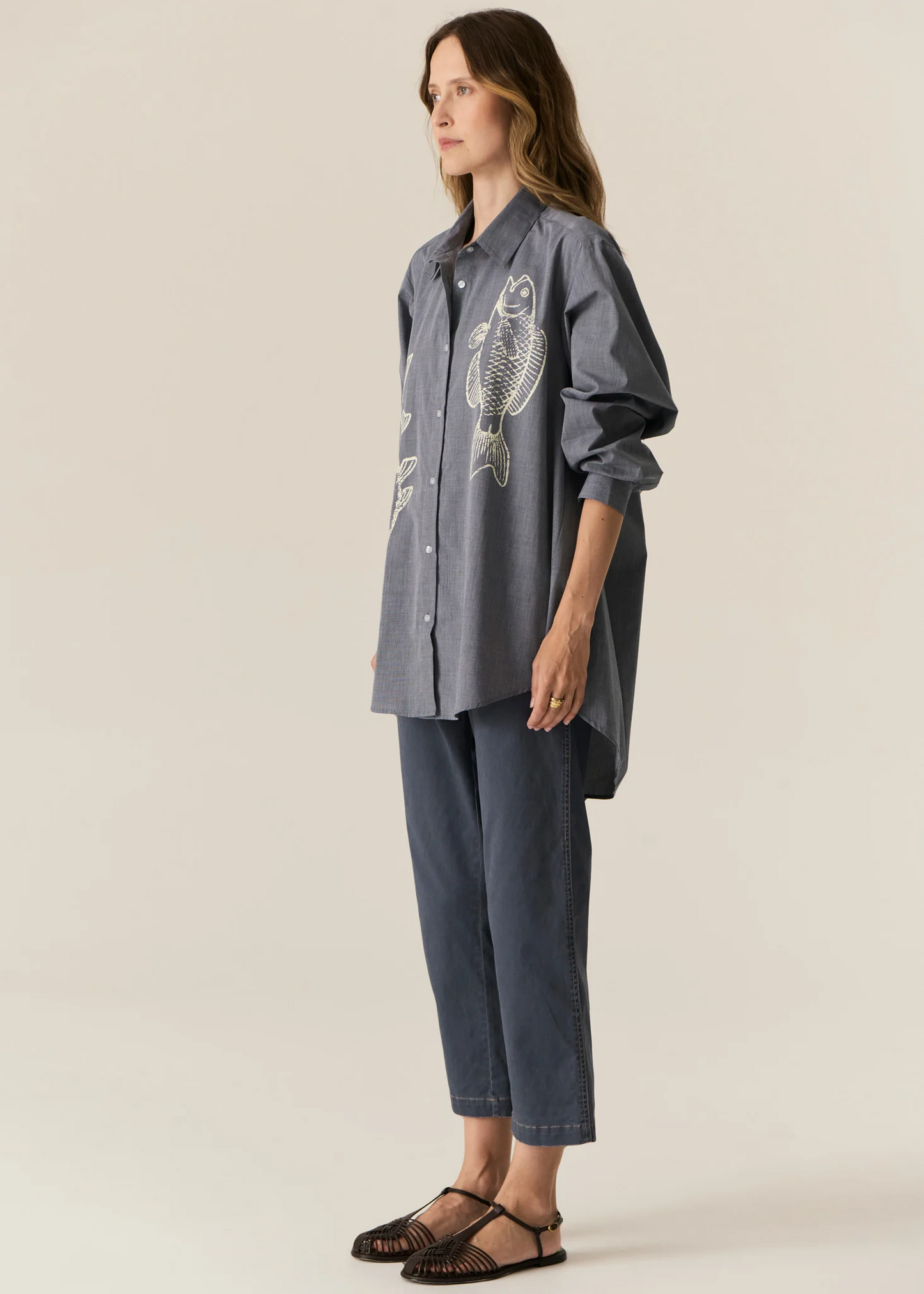 POL Cassis Fish Shirt - Denim Pebble