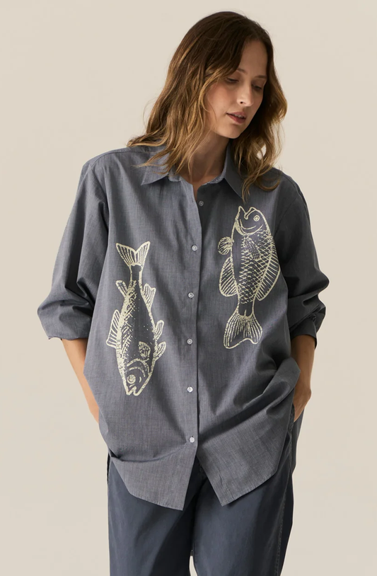 POL Cassis Fish Shirt - Denim Pebble