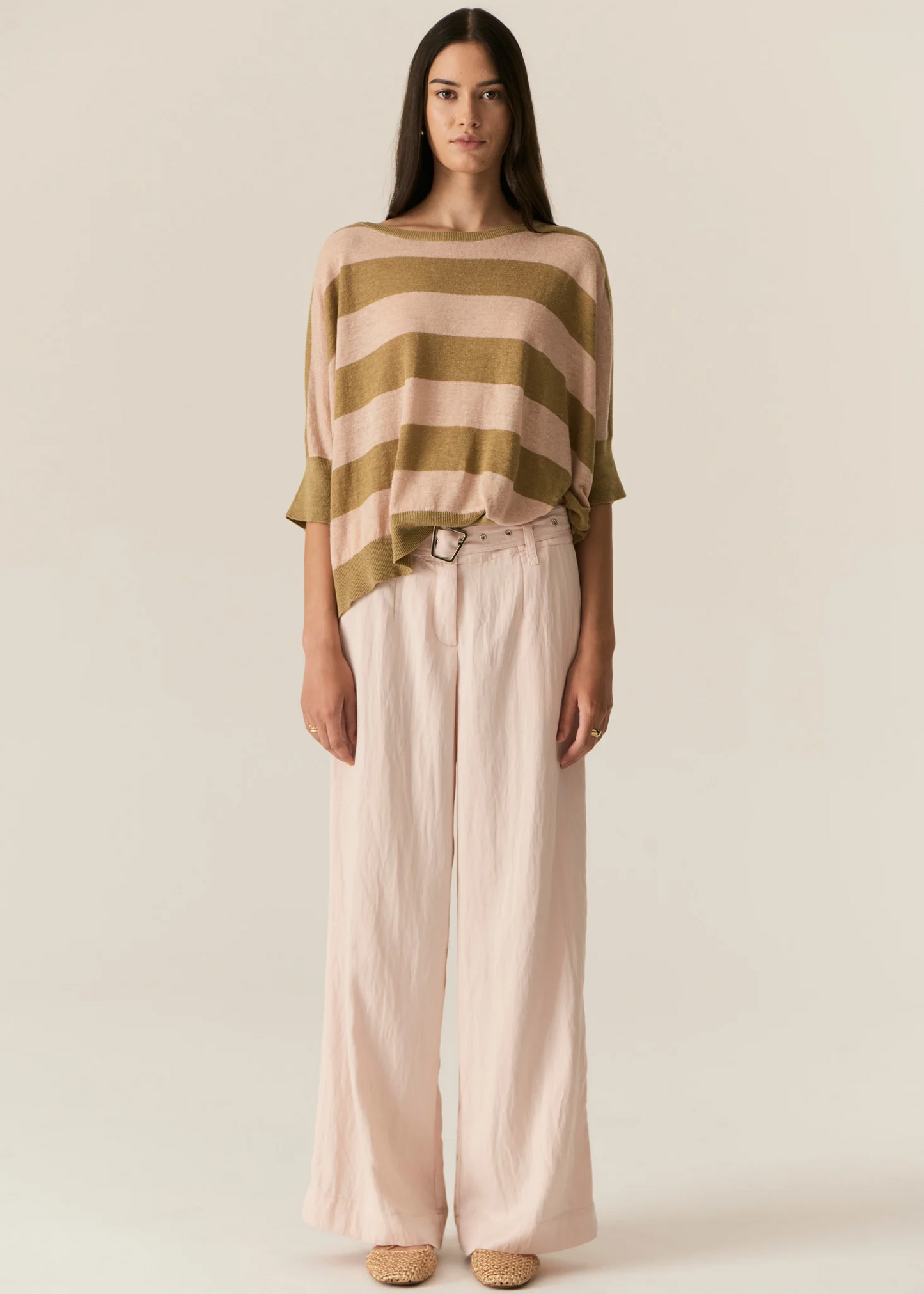POL Milton Stripe Knit - Khaki/Pink