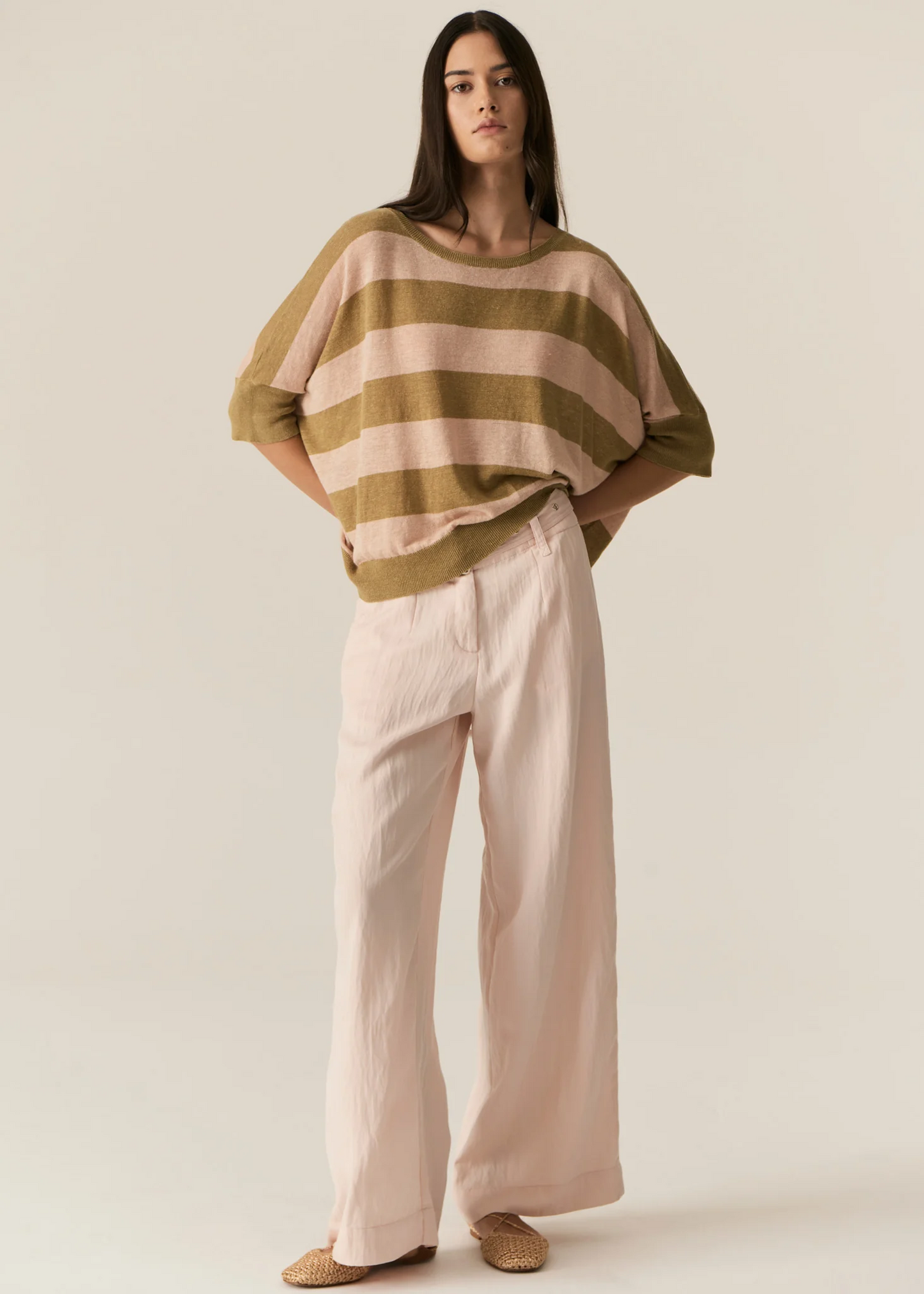 POL Milton Stripe Knit - Khaki/Pink