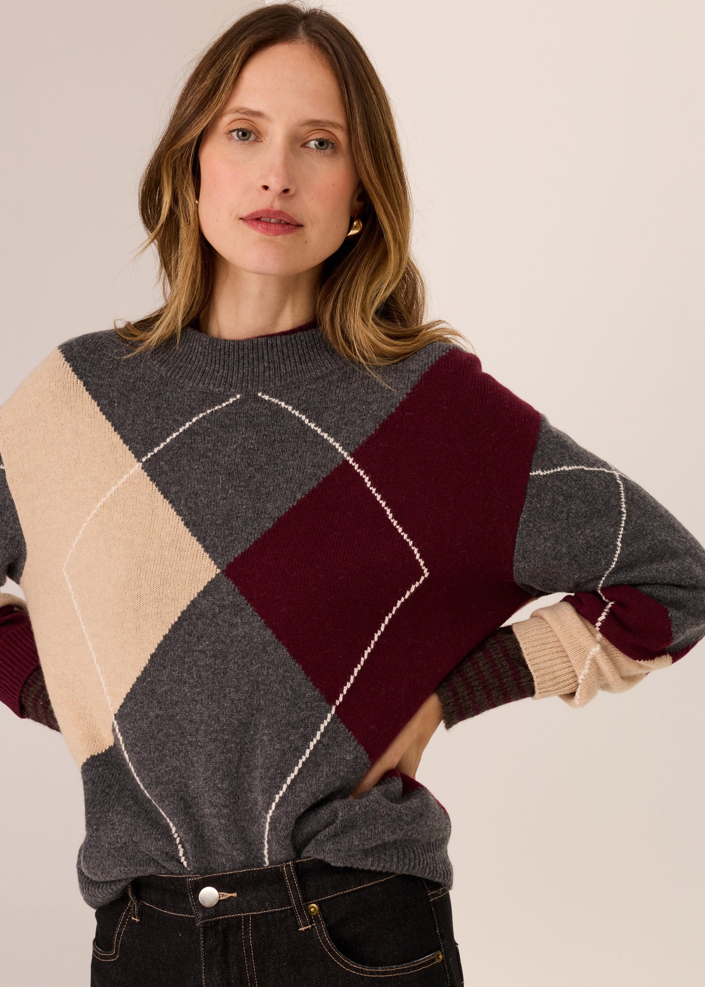POL Loren Argyle Knit - Char/Merlot/Pebble