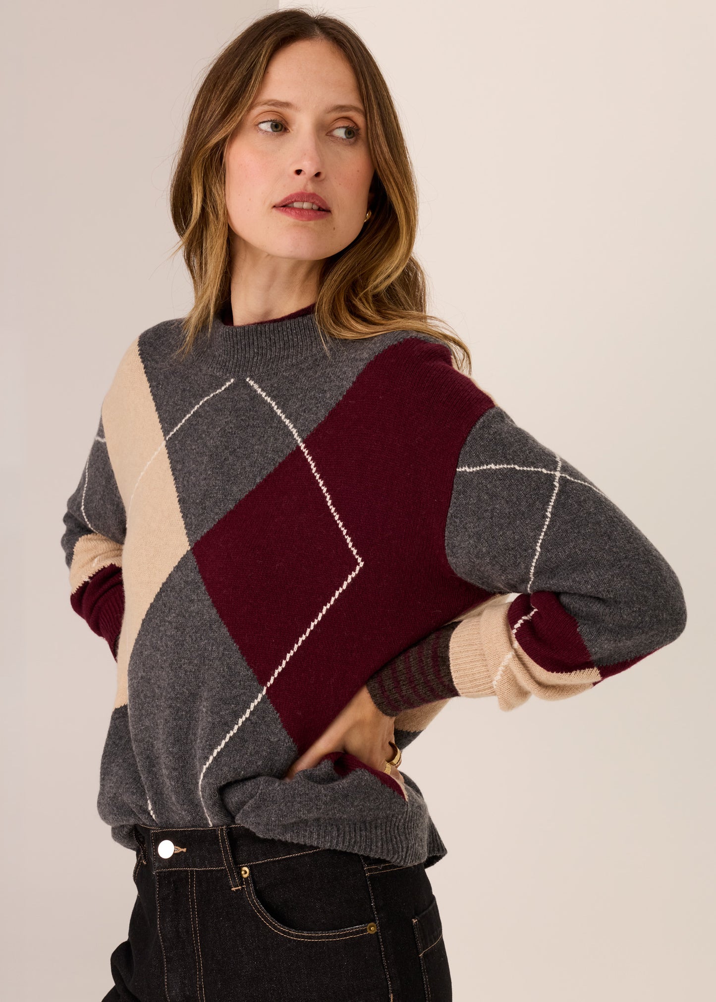 POL Loren Argyle Knit - Char/Merlot/Pebble
