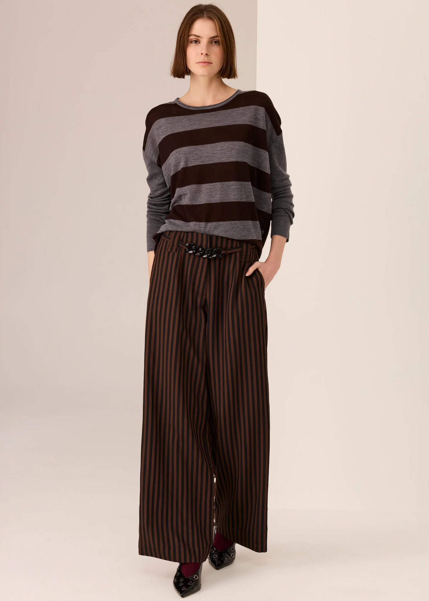 POL Meira Stripe Knit - Charcoal/Choc