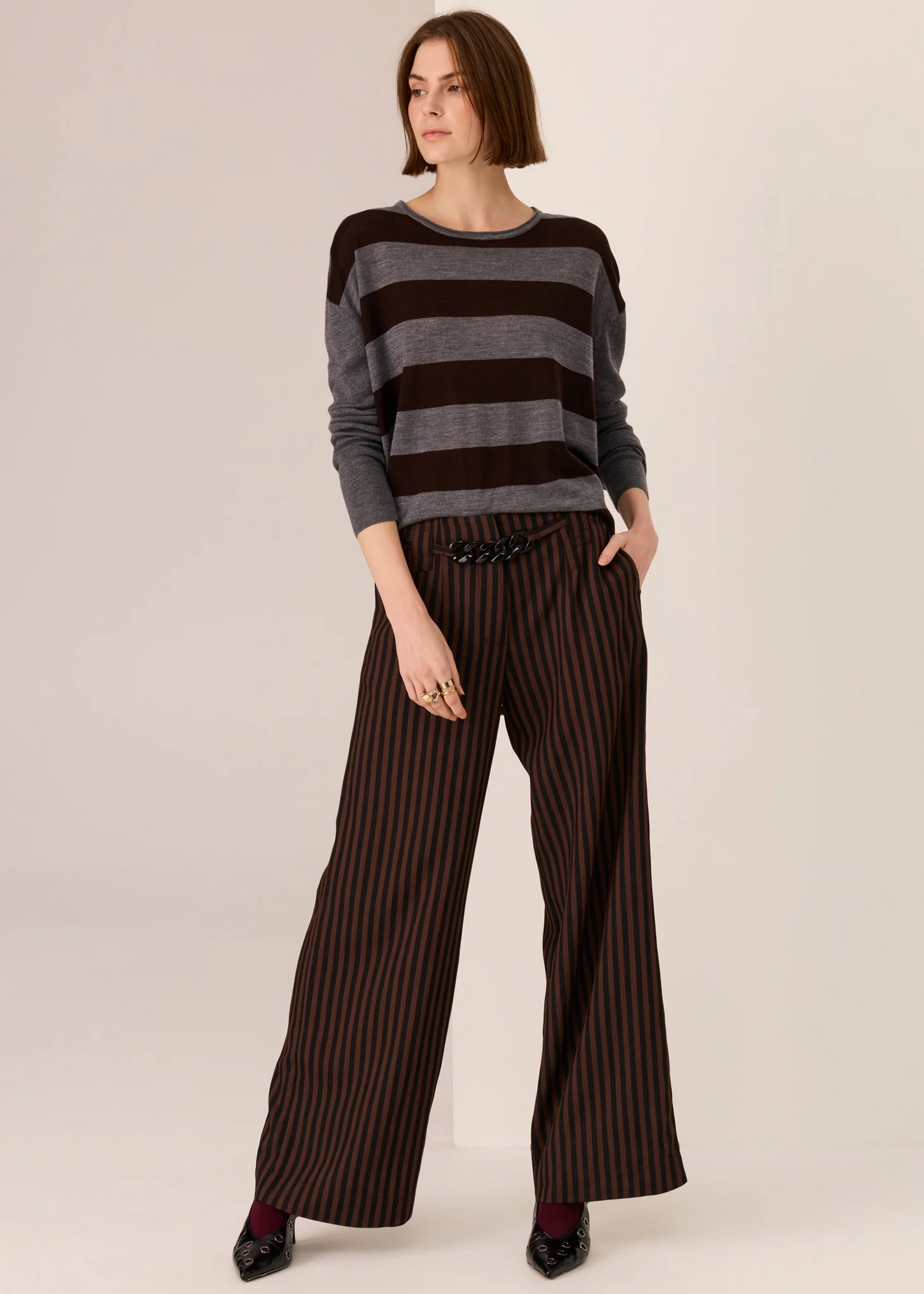POL Meira Stripe Knit - Charcoal/Choc