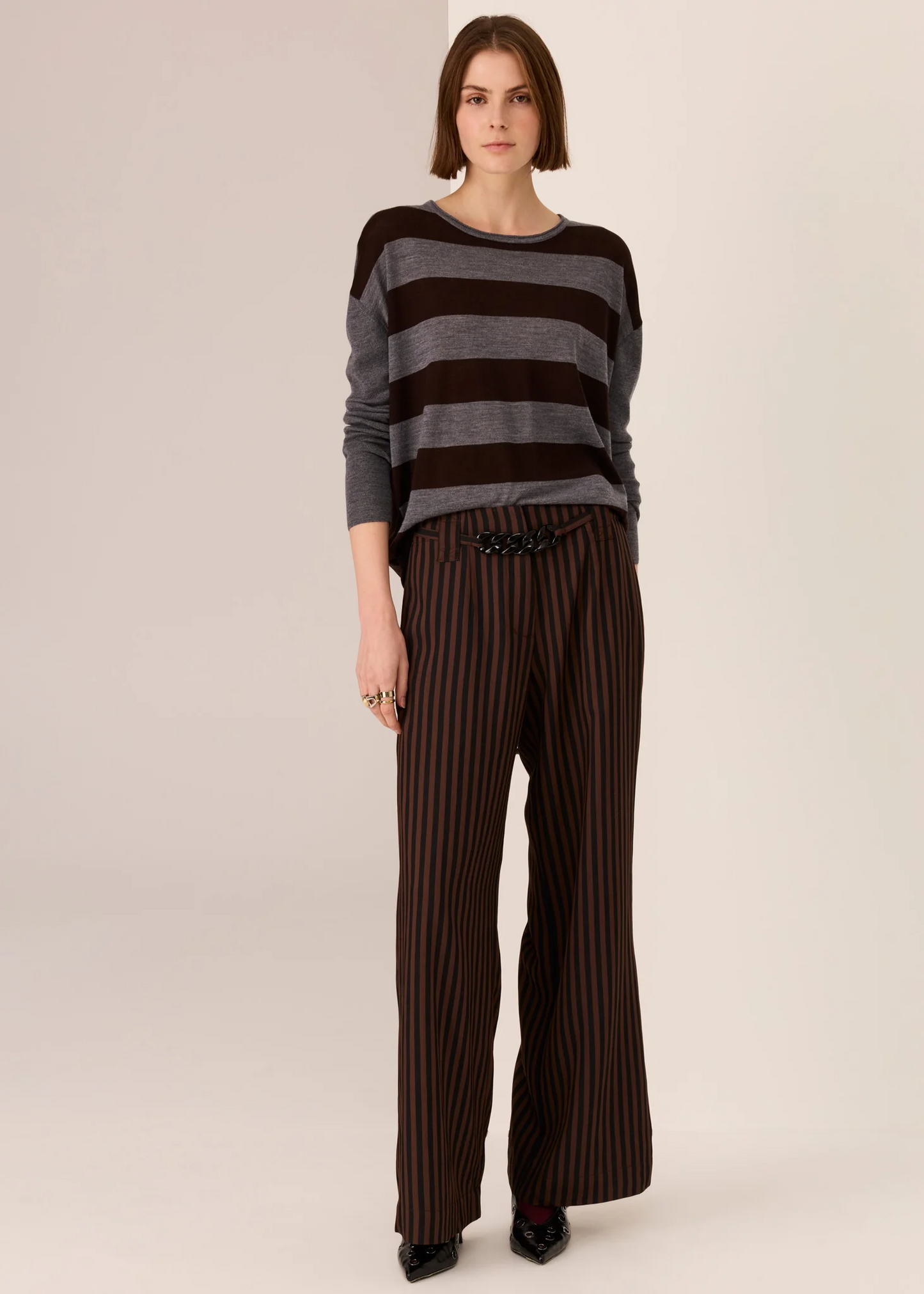POL Meira Stripe Knit - Charcoal/Choc