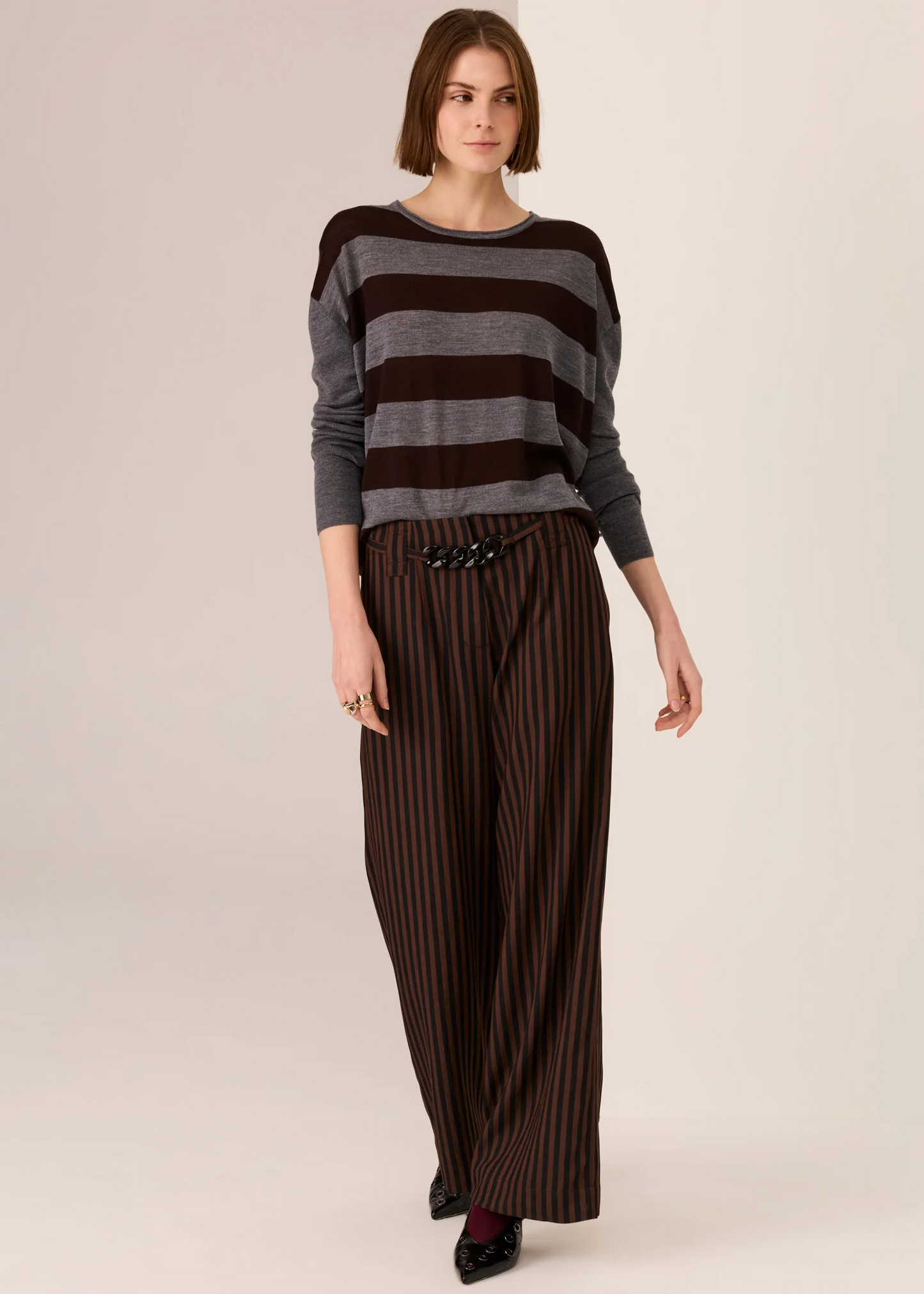 POL Meira Stripe Knit - Charcoal/Choc