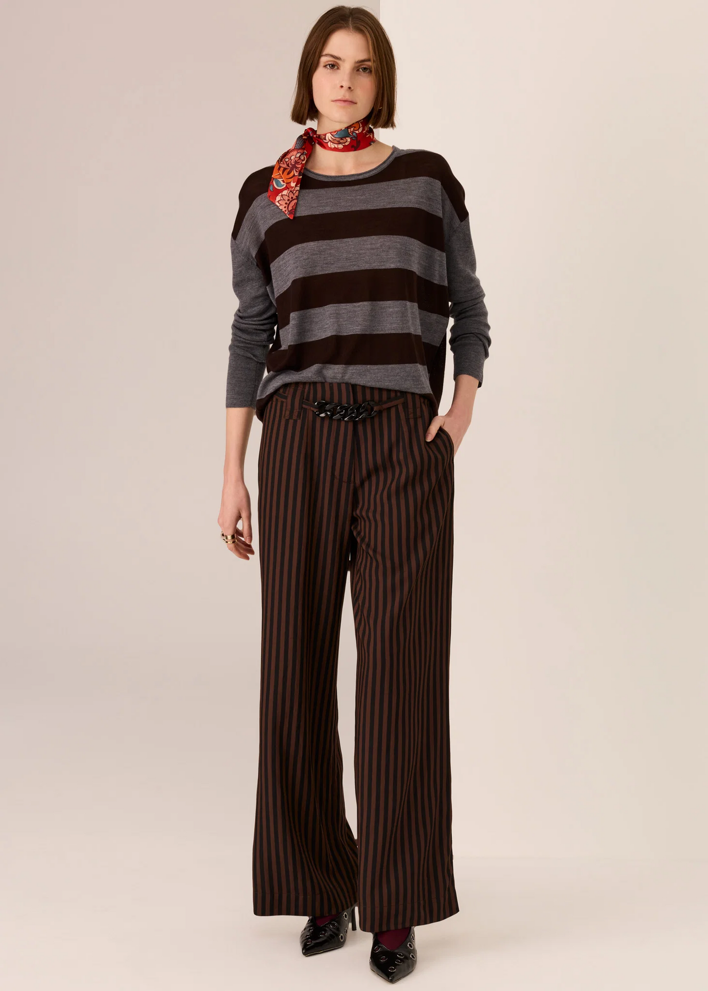 POL Meira Stripe Knit - Charcoal/Choc