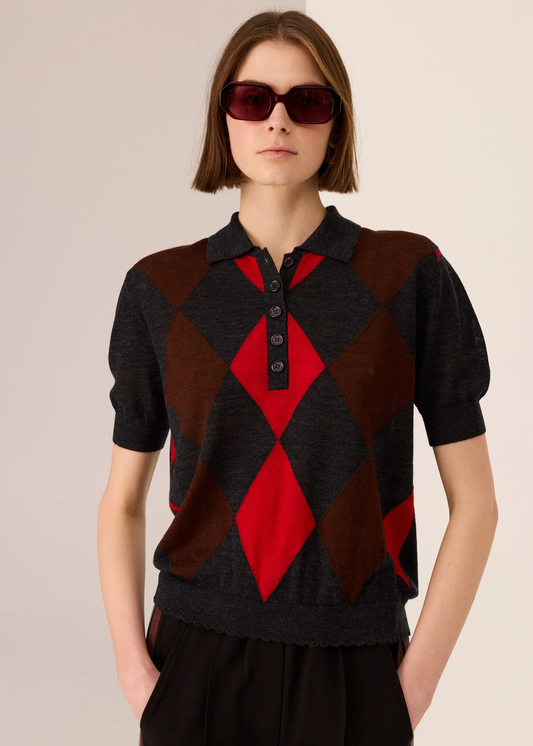 POL Meira Argyle Knit Tee - Char/Red/Toffee