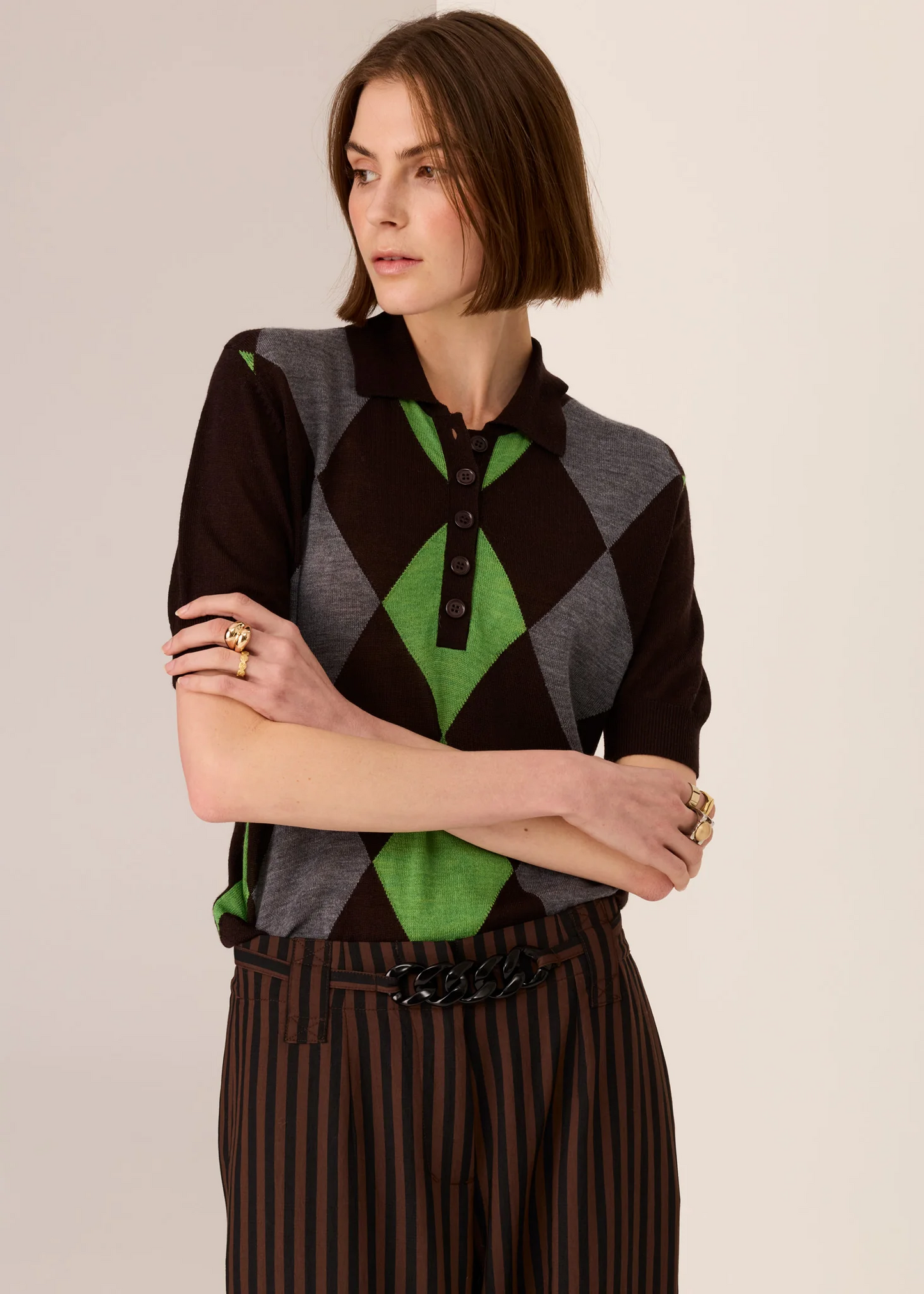 POL Meira Argyle Knit Tee - Choc/Green/Char