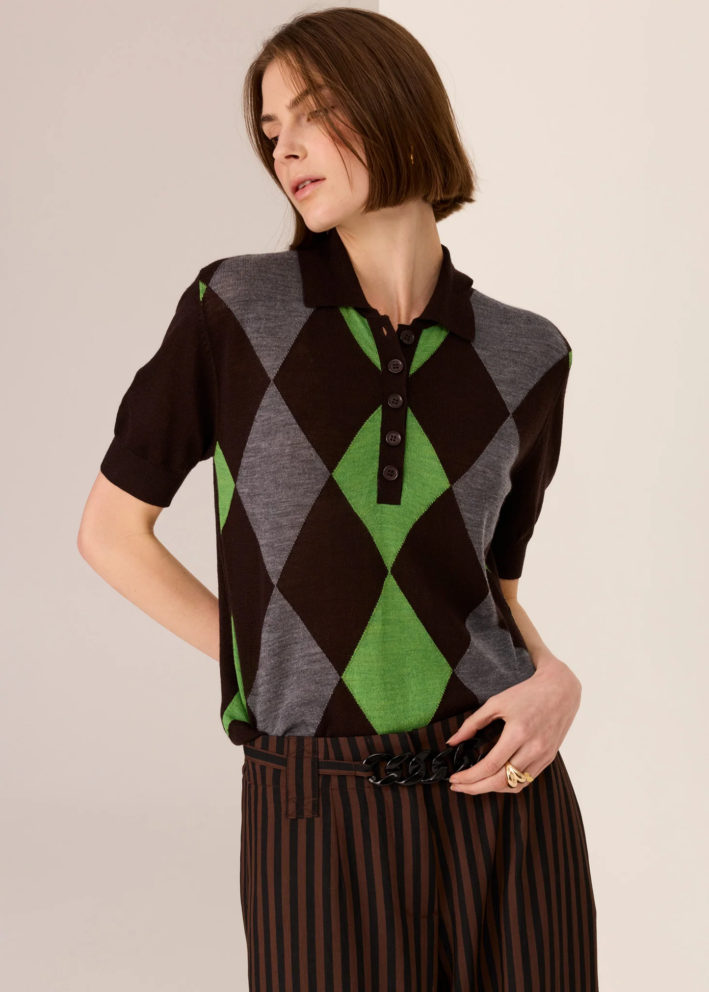 POL Meira Argyle Knit Tee - Choc/Green/Char