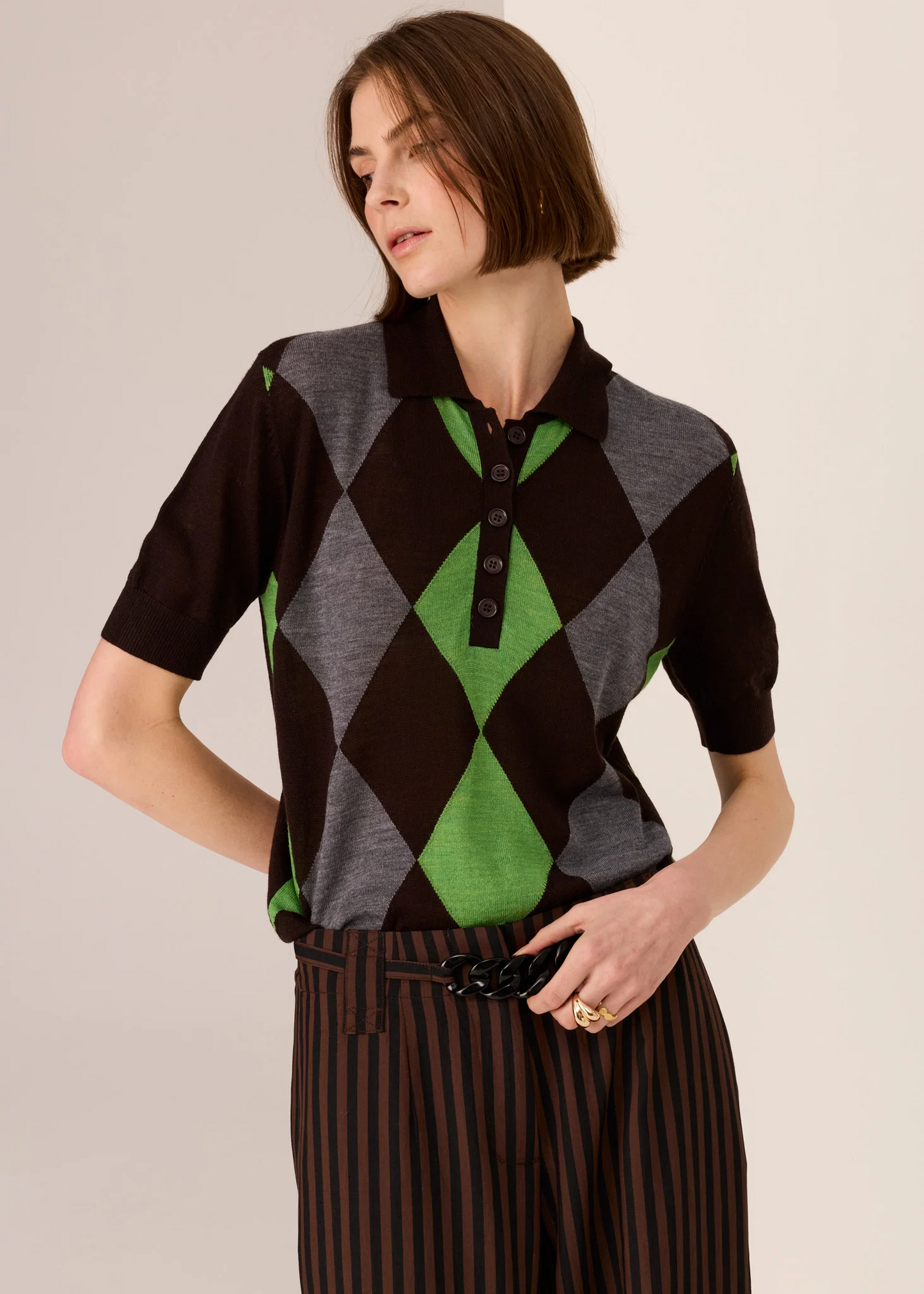 POL Meira Argyle Knit Tee - Choc/Green/Char