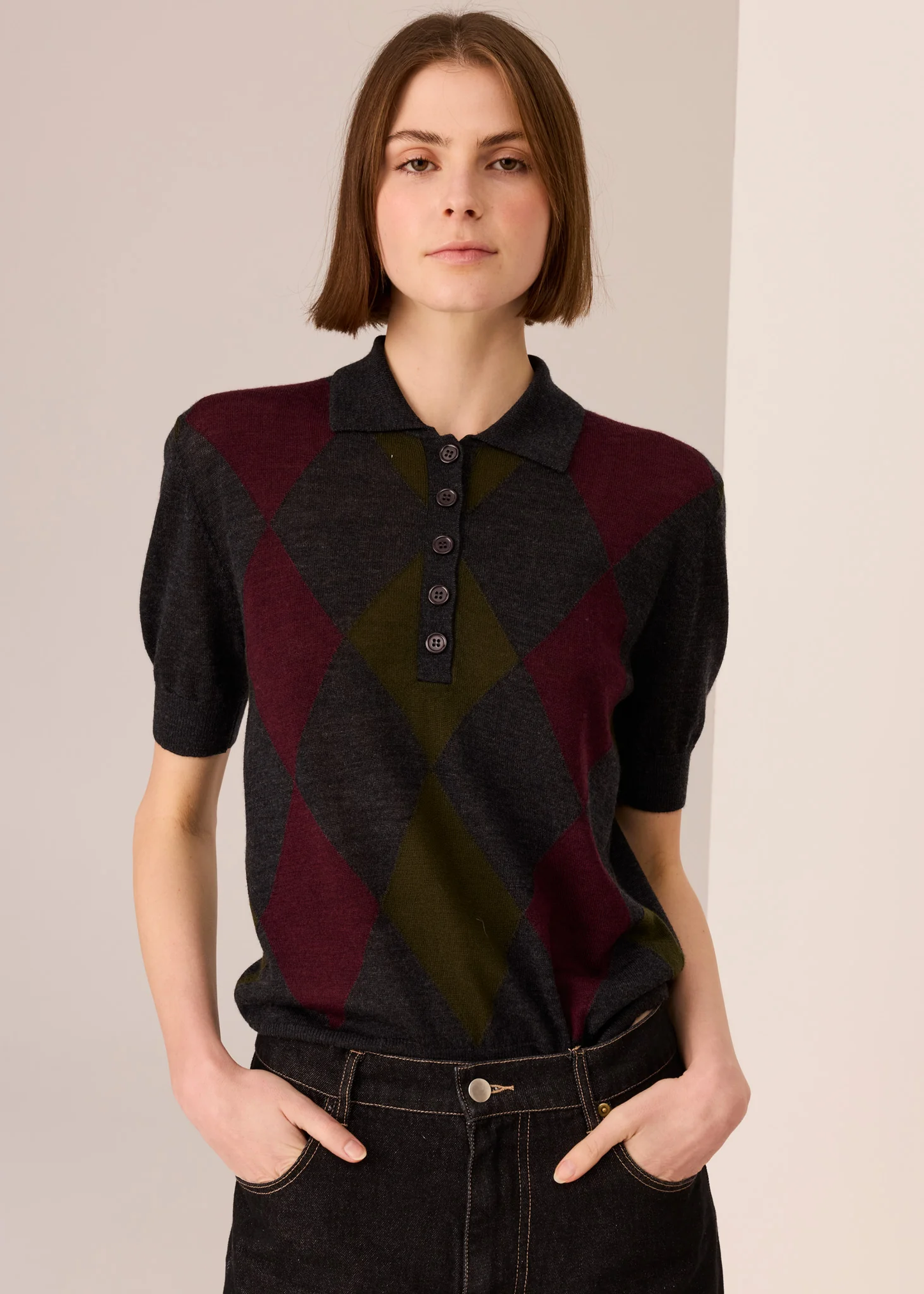 POL Meira Argyle Knit Tee - Char/Khaki/Merlot