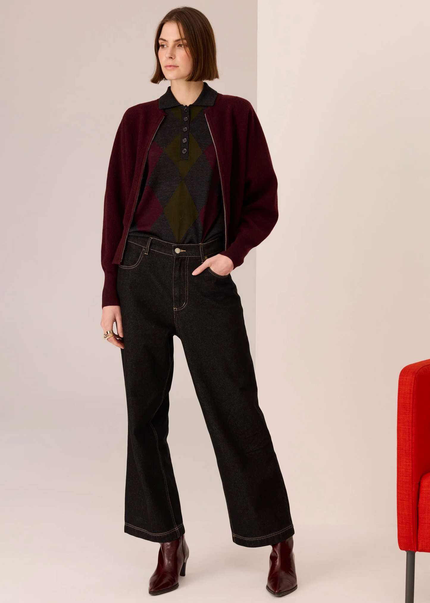 POL Wyatt Boiled Wool Bomber - Merlot