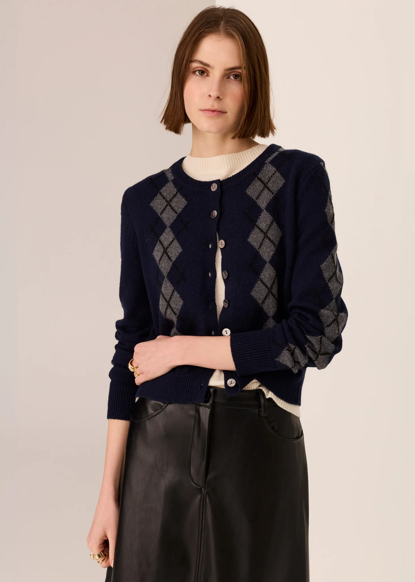 POL Loren Argyle Cardigan - Ink/Charcoal