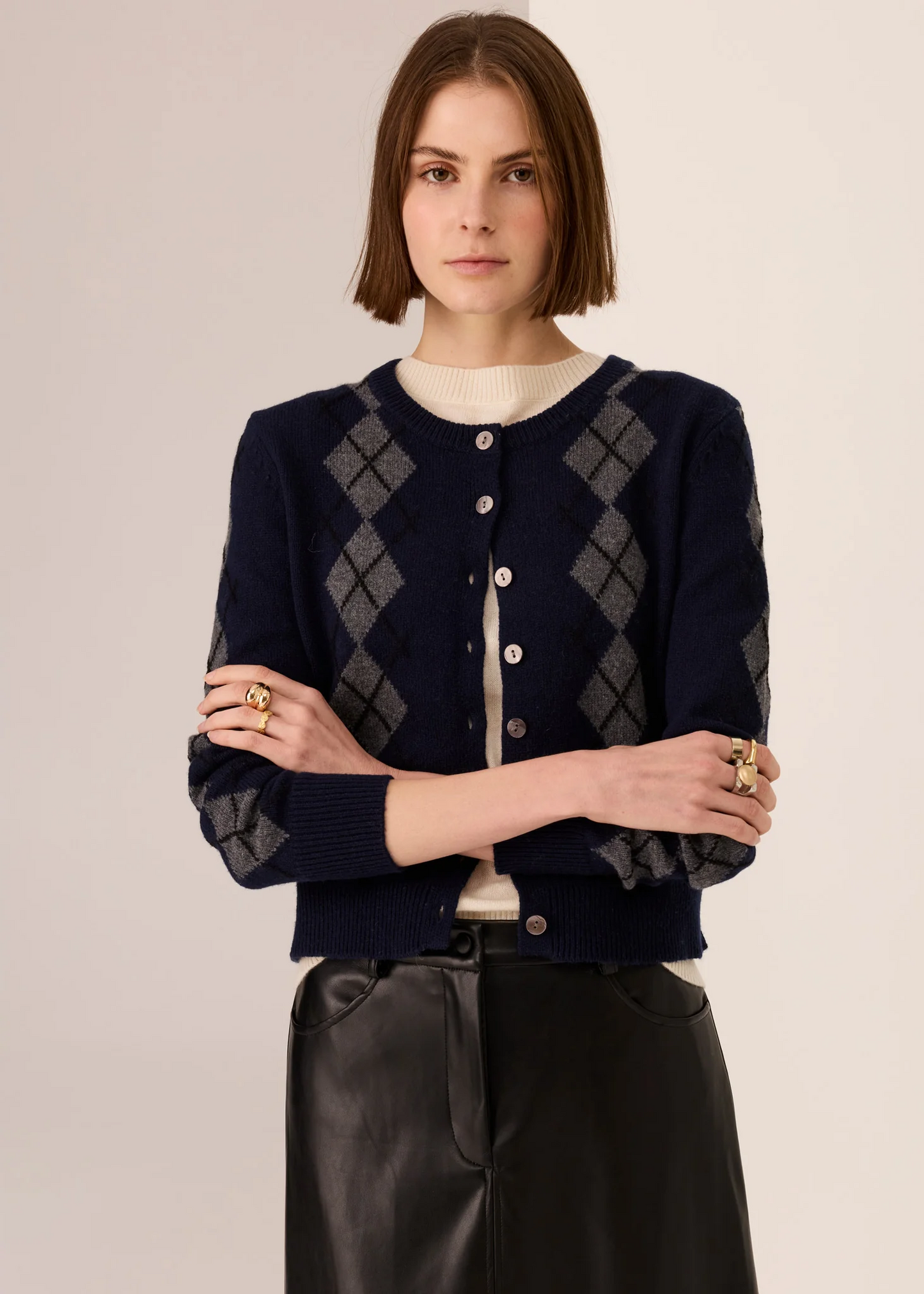 POL Loren Argyle Cardigan - Ink/Charcoal