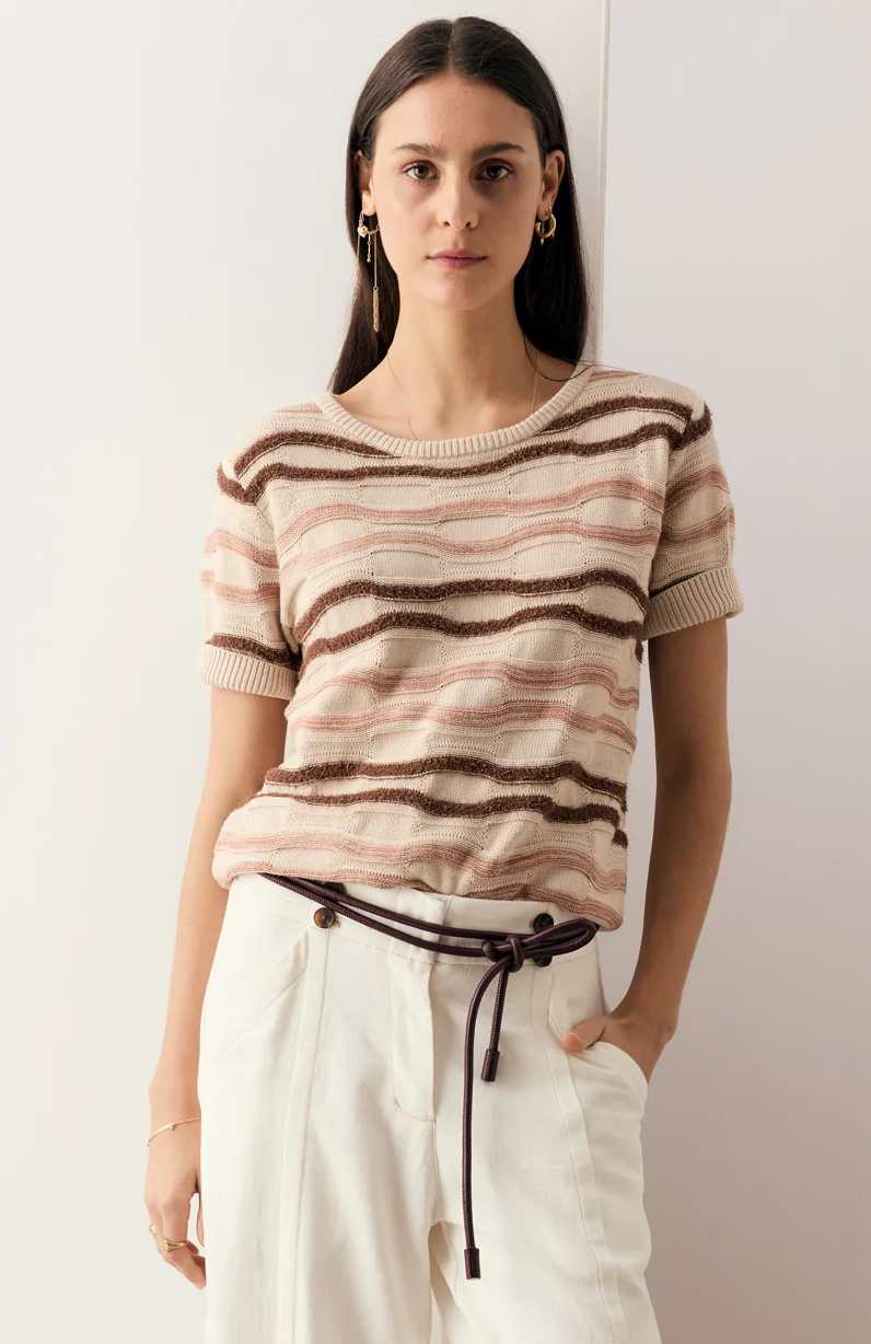 POL Liana Tee Textured Stripe - Pebble/Pink/Toffee