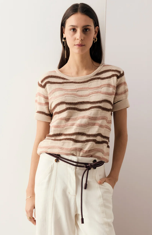POL Liana Tee Textured Stripe - Pebble/Pink/Toffee