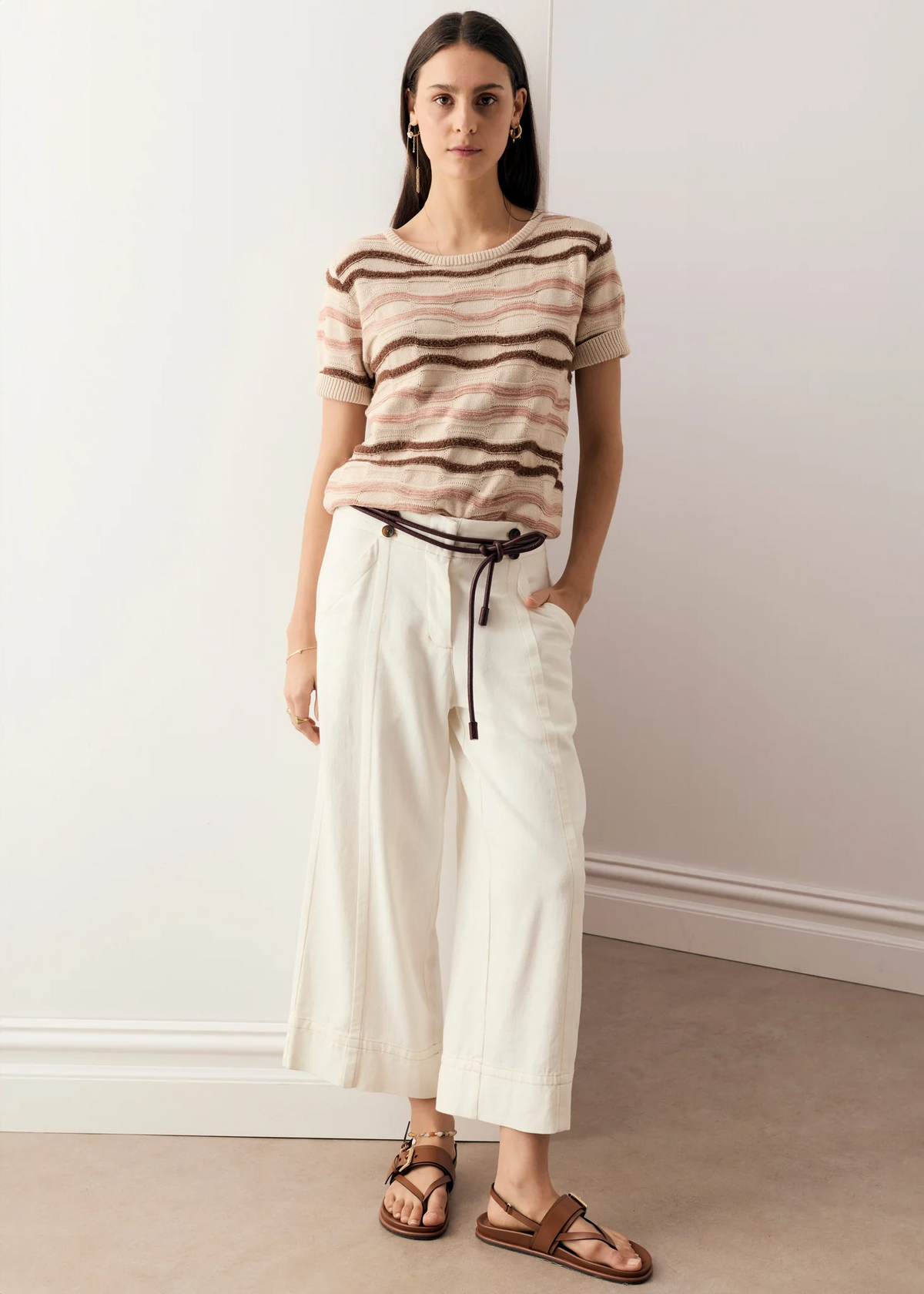 POL Liana Tee Textured Stripe - Pebble/Pink/Toffee